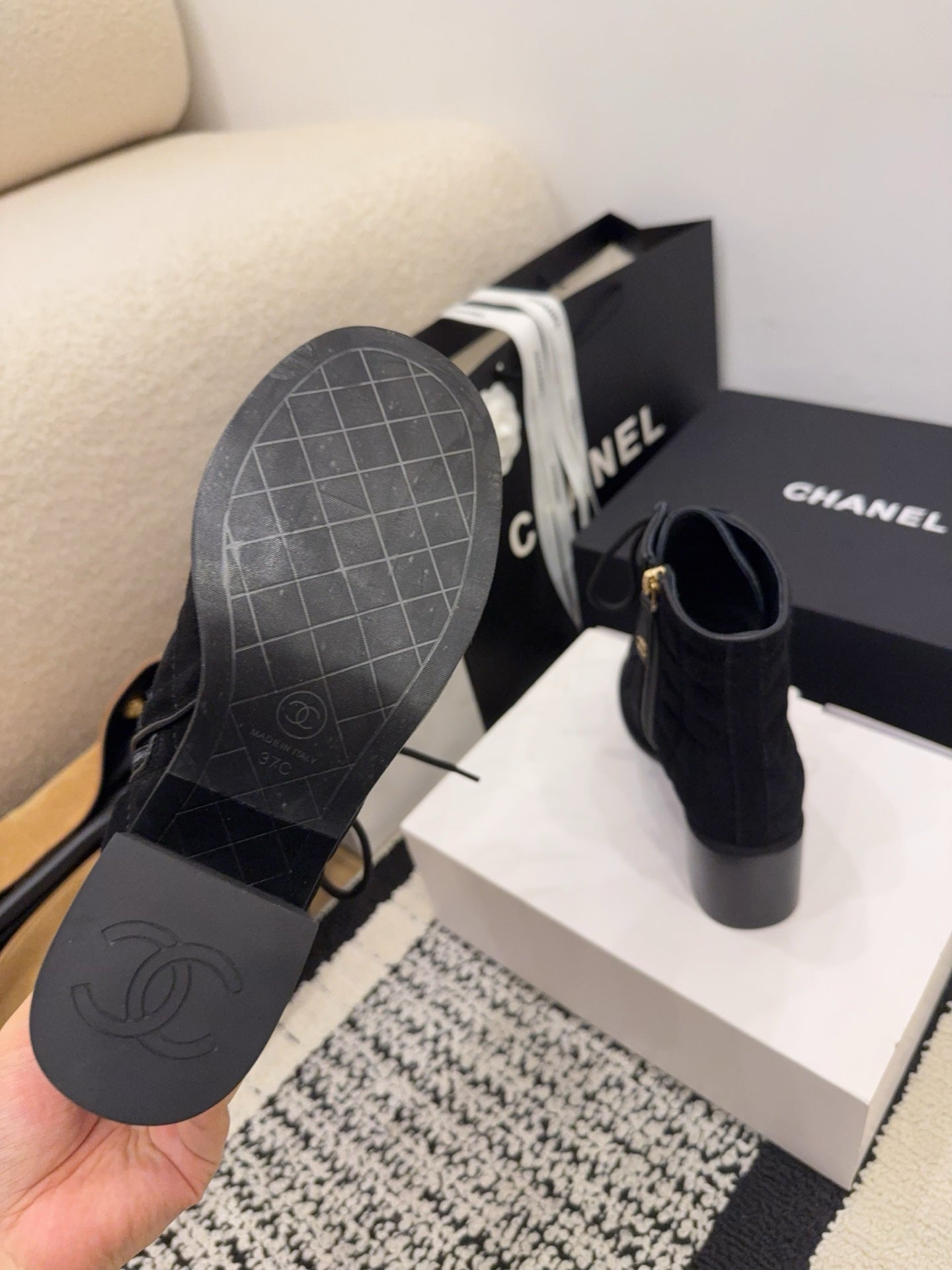 CC 26 Quilted Lace-up Boot Black Suede Calfskin 588816