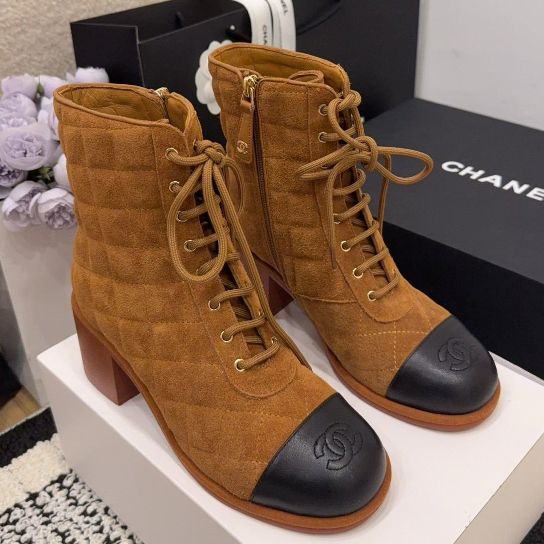 CC 26 Quilted Lace-up Boot Brown Black Suede Calfskin 588817