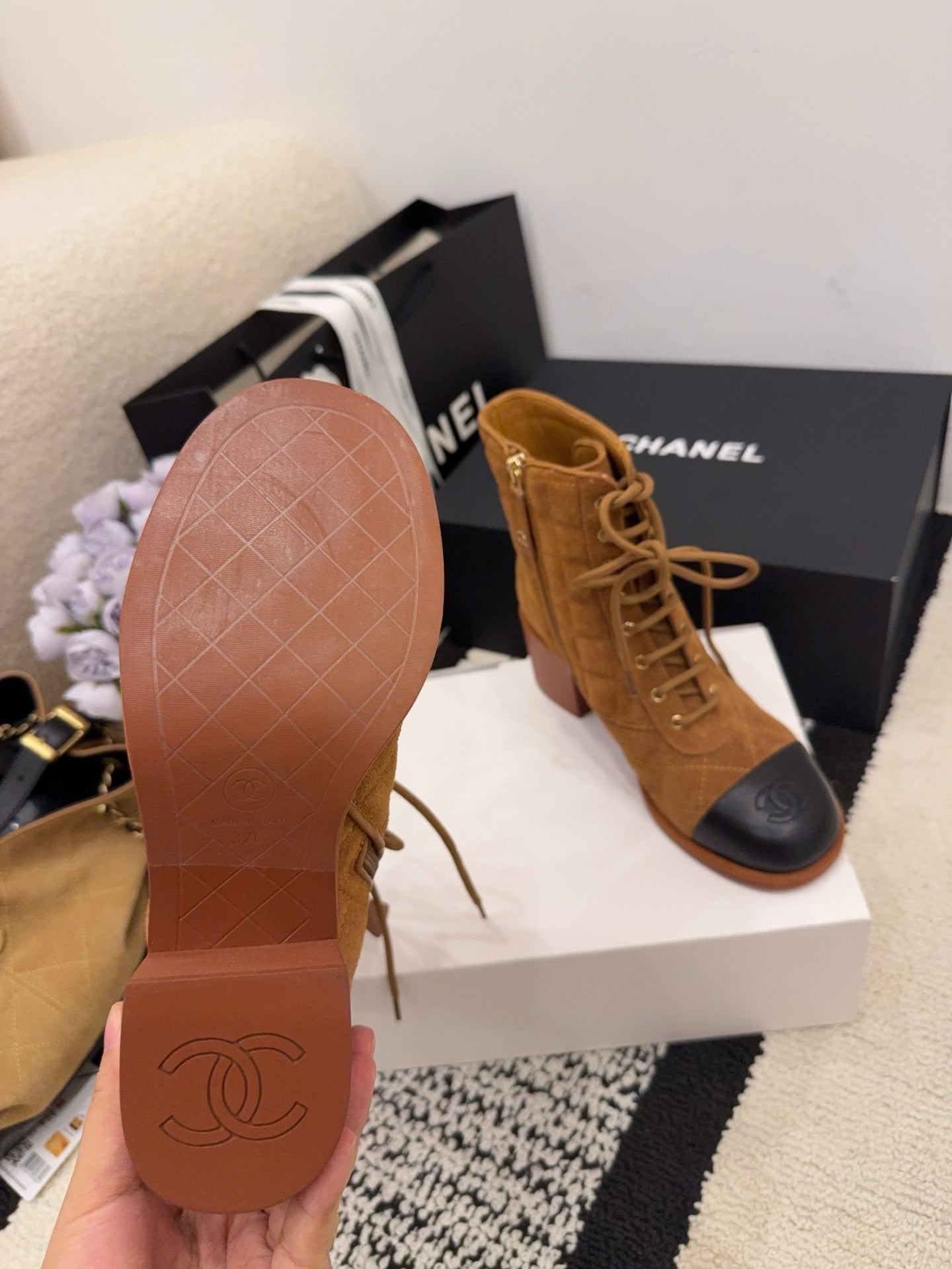 CC 26 Quilted Lace-up Boot Brown Black Suede Calfskin 588817