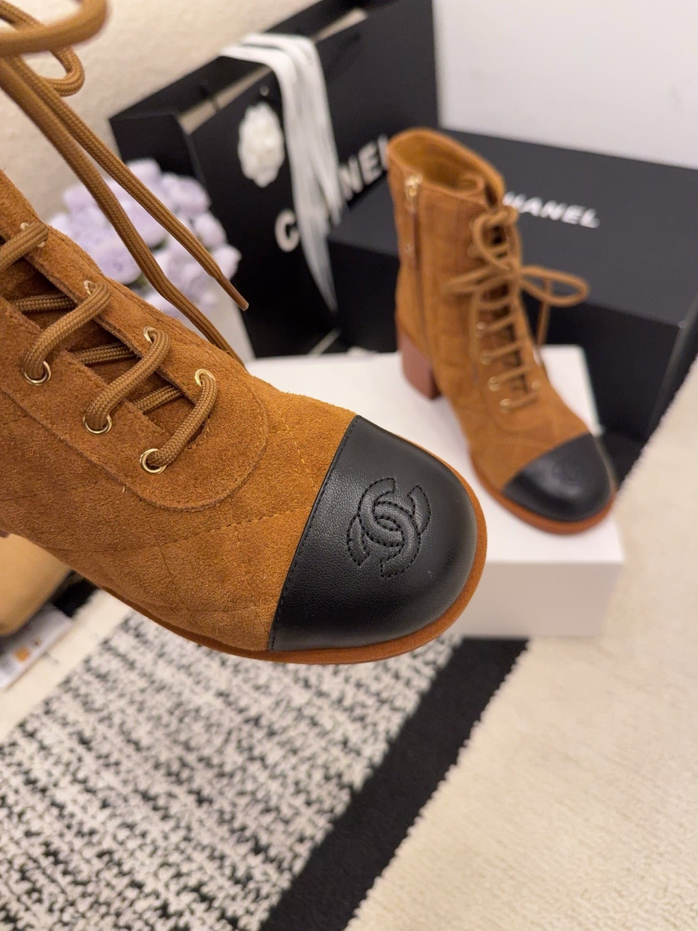 CC 26 Quilted Lace-up Boot Brown Black Suede Calfskin 588817