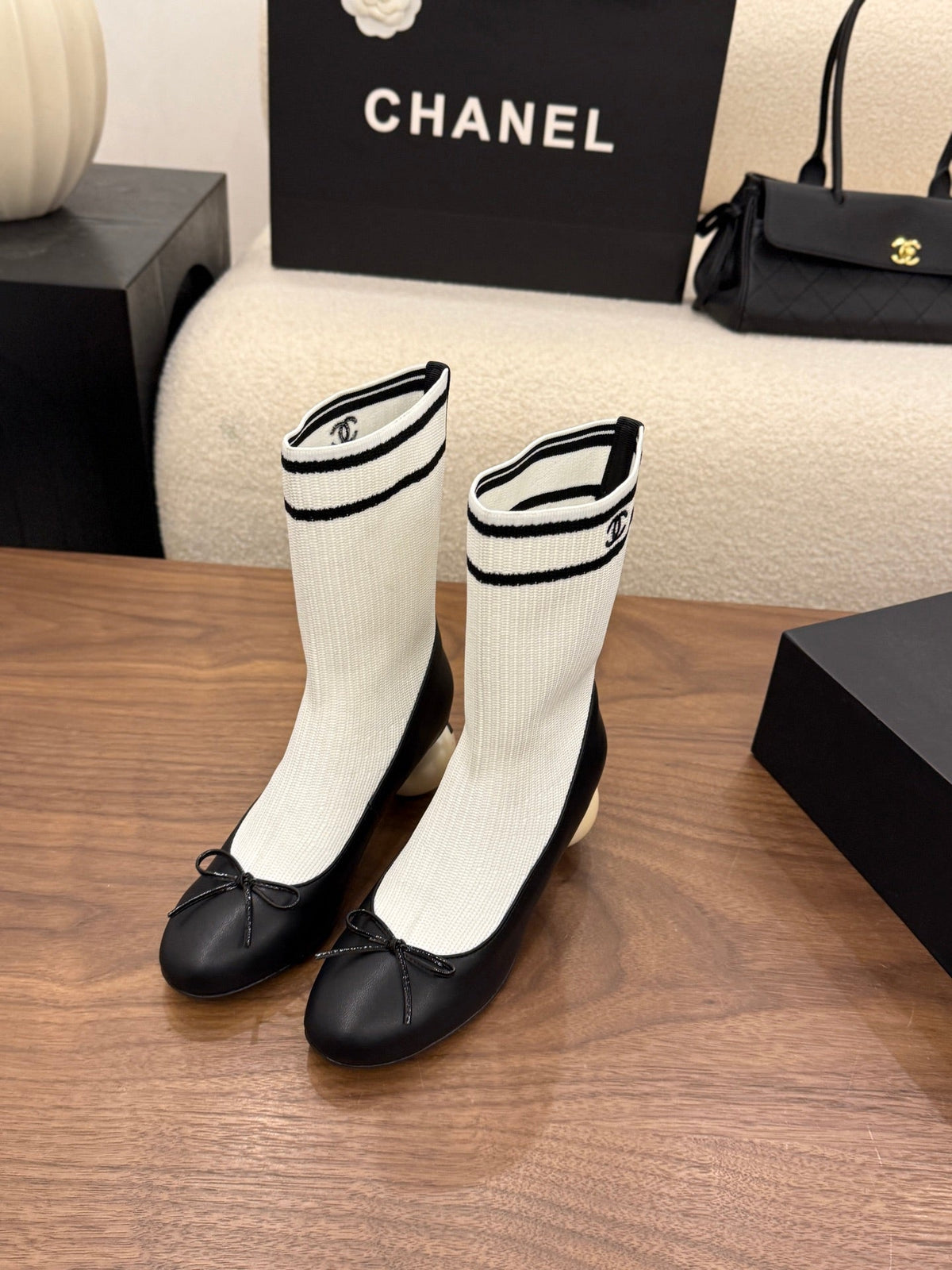 Chanel 2026 Pearl Sock Ankle Boots 65mm Cowhide Knit 173311