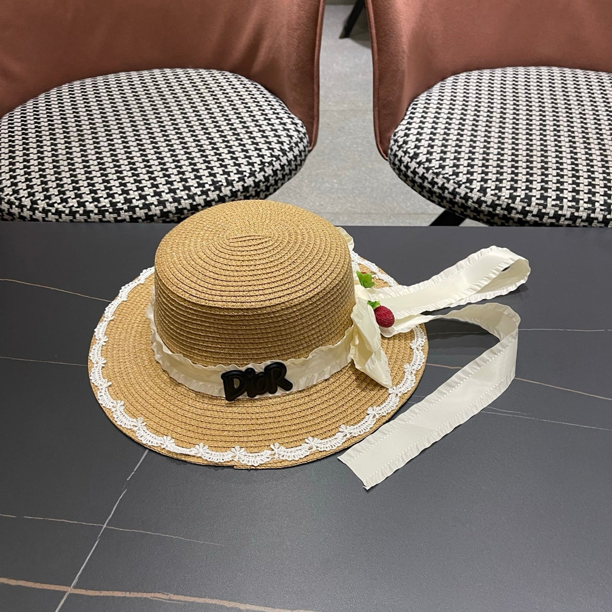 Dior Multi-colored Wide-brimmed Straw Hat With Bow 214480