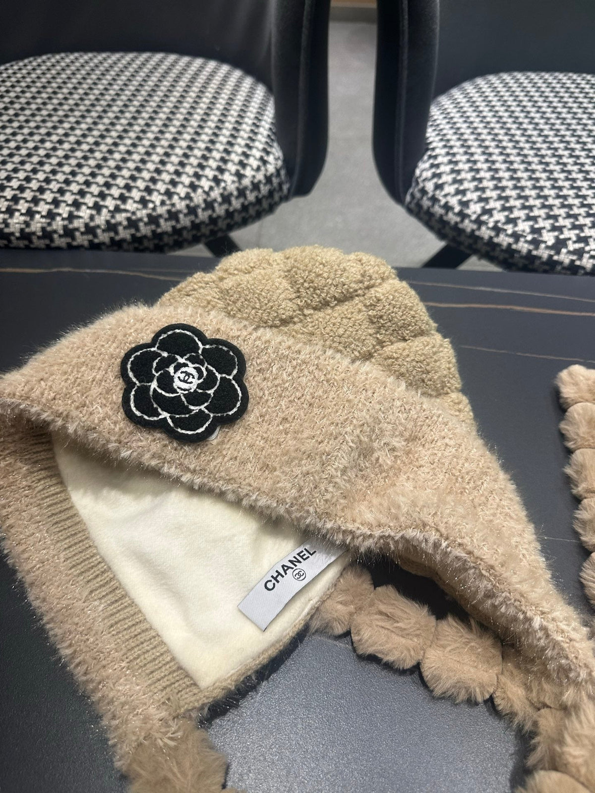 Chanel 2026 Camellia Earmuff Beanie Hat Wool 566053