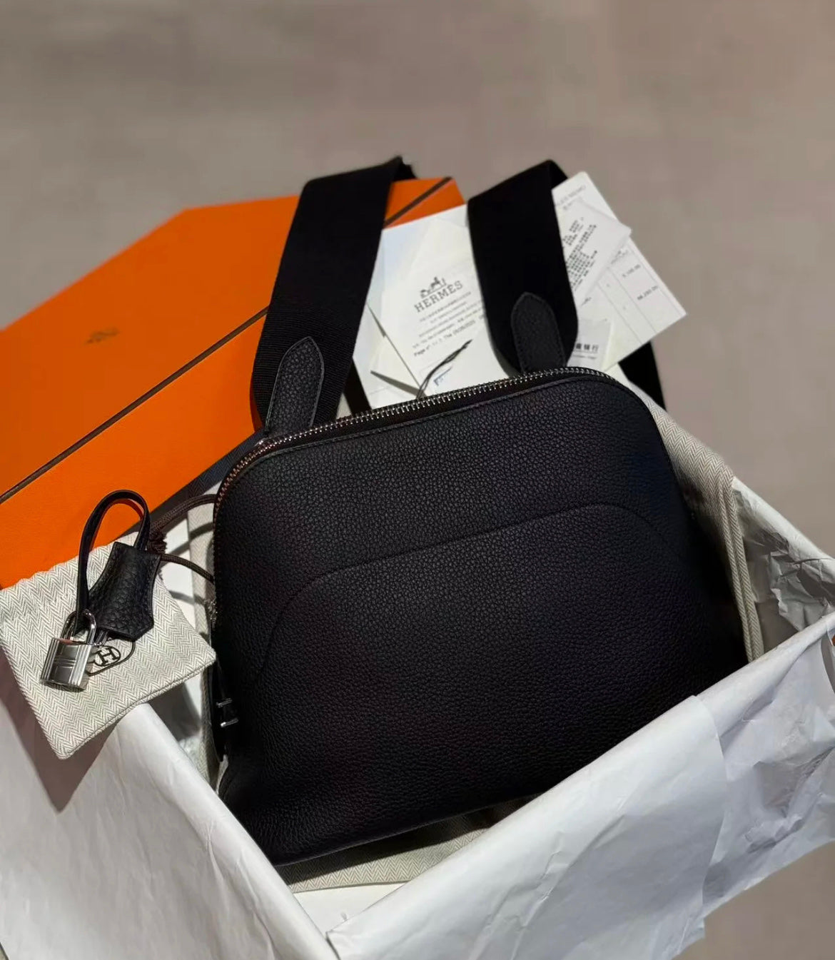 High-end Hermes 2026 Messenger Bowling Bag 26.5cm Togo Leather