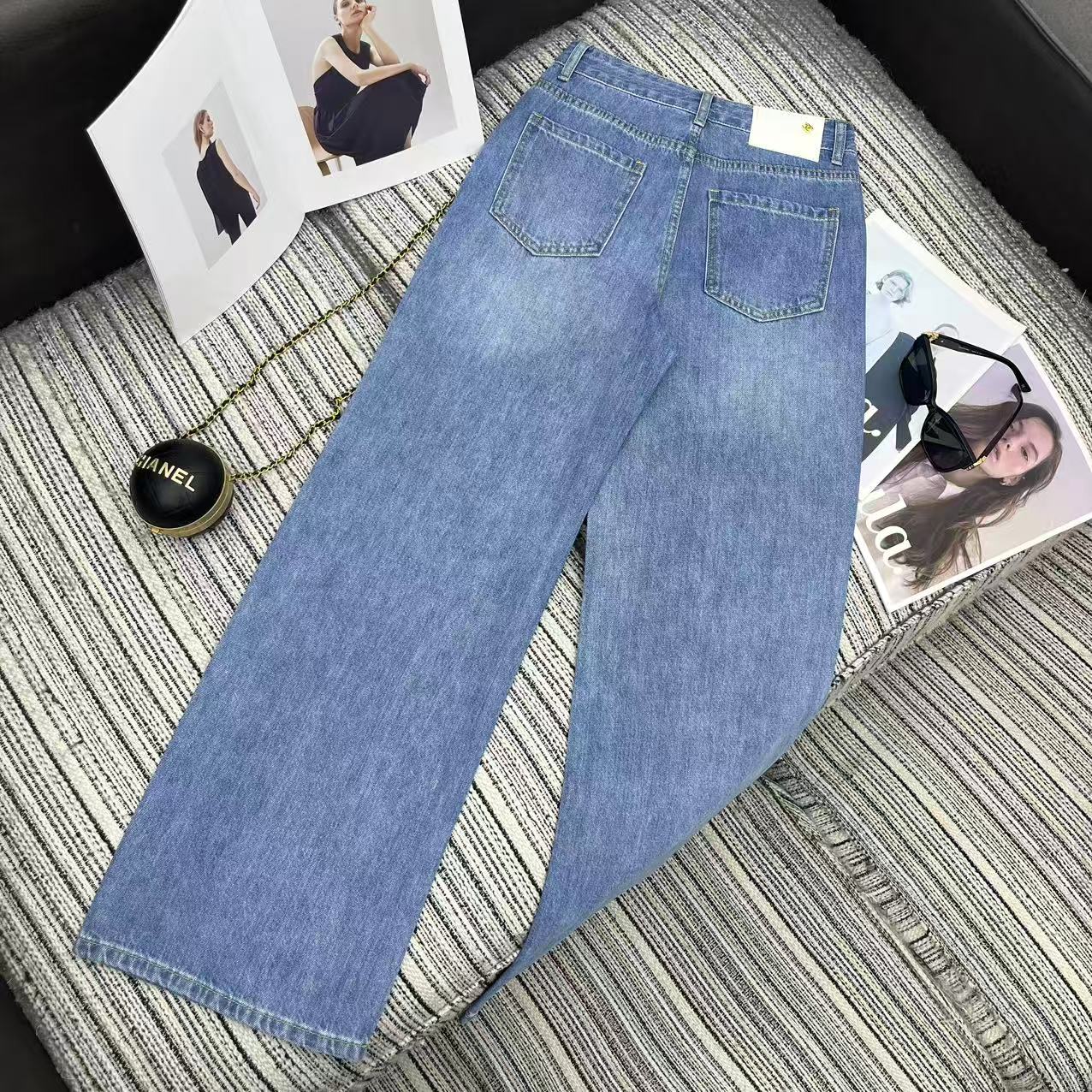 Chanel 2026 Straight-leg Jeans With Double C Logo And Rhinestone Embellishment