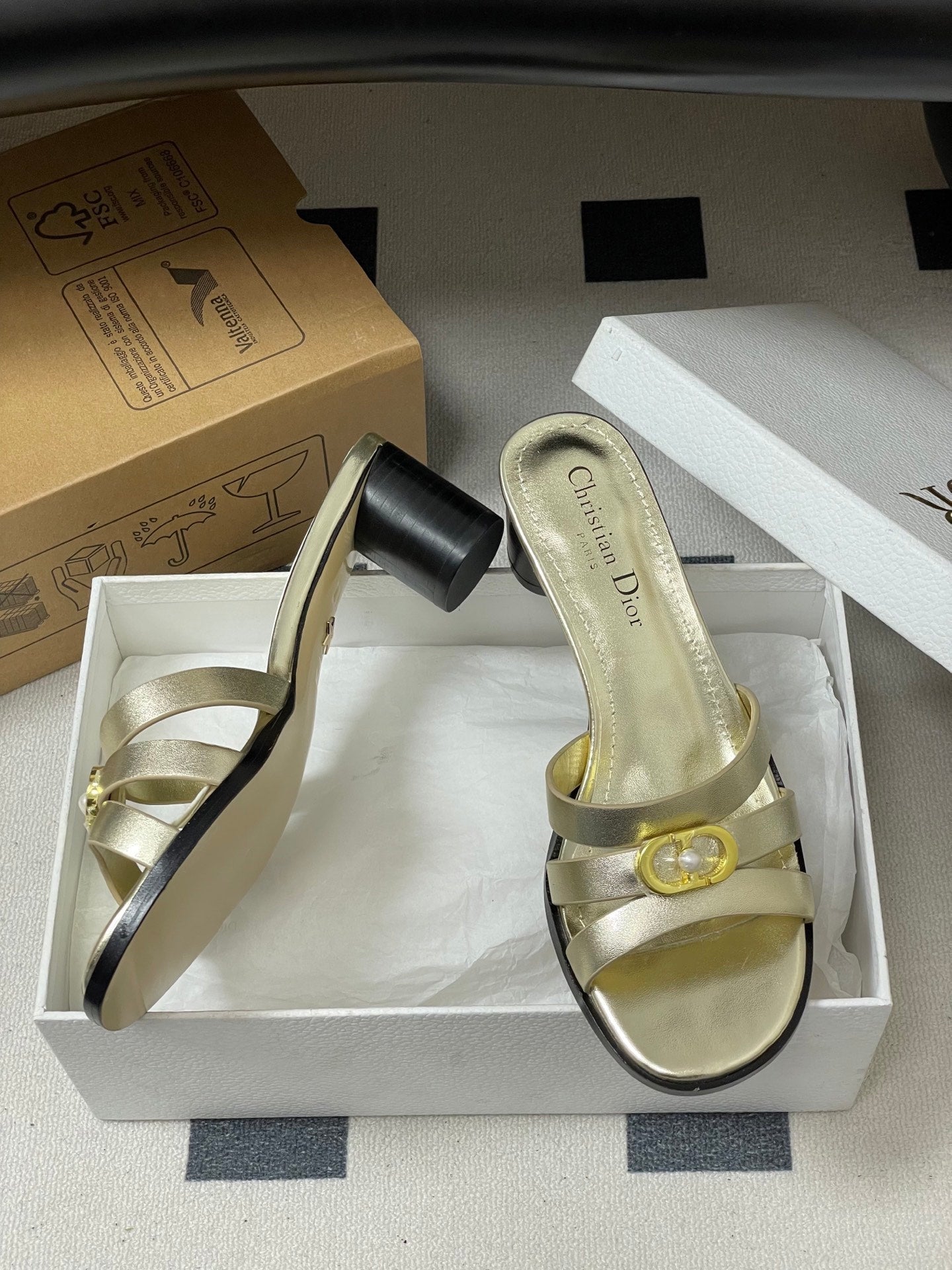 CD 26 Chunky Heel Sandals 50 Metallic Gold Leather 593521