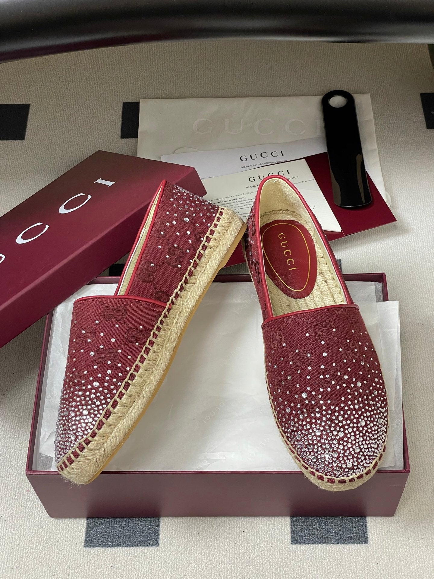 GG 26ss Slip-on Loafers Rhinestones Red Double G Canvas