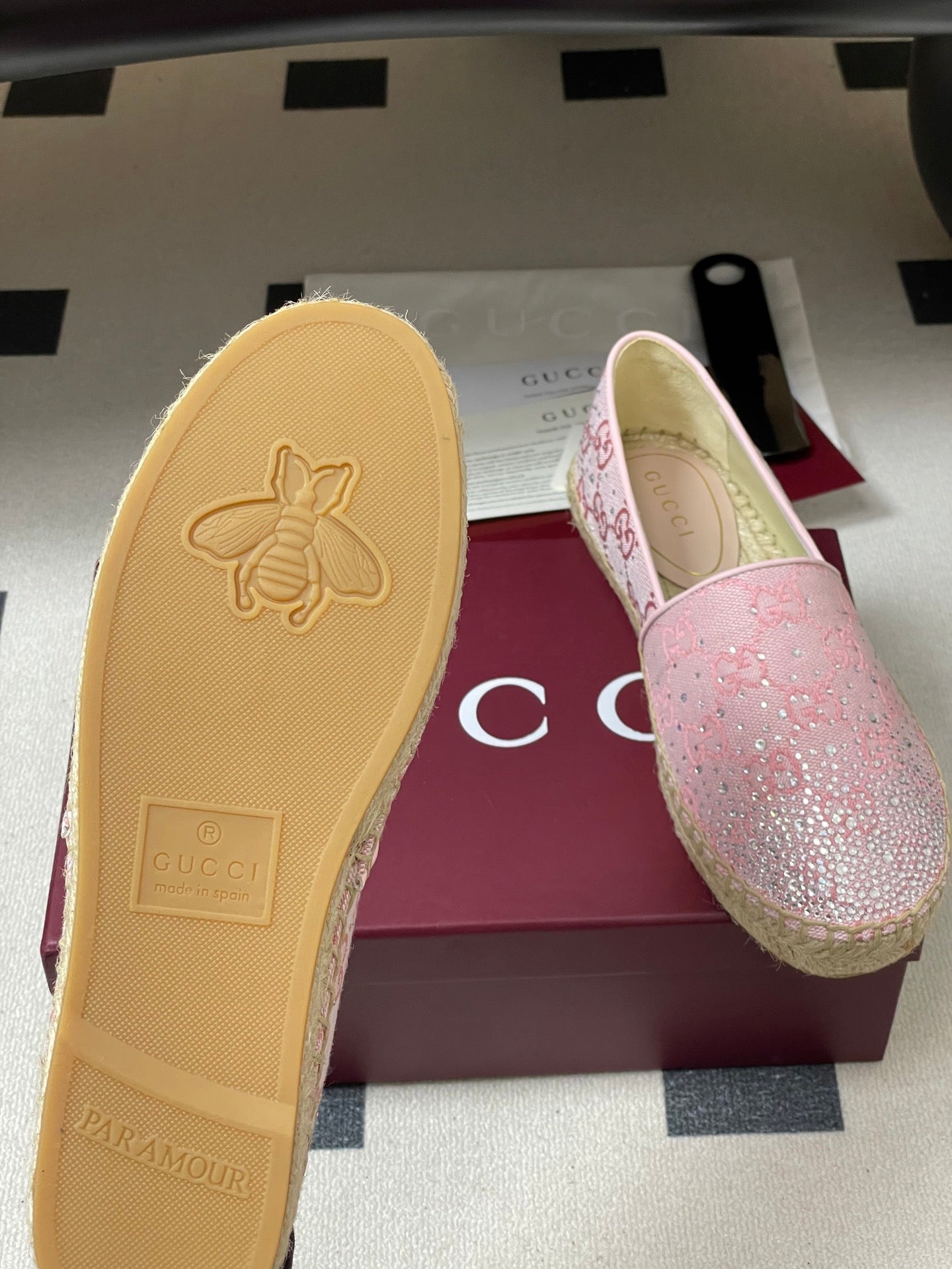 GG 26ss Slip-on Loafers Rhinestones Light Pink Double G Canvas 593498