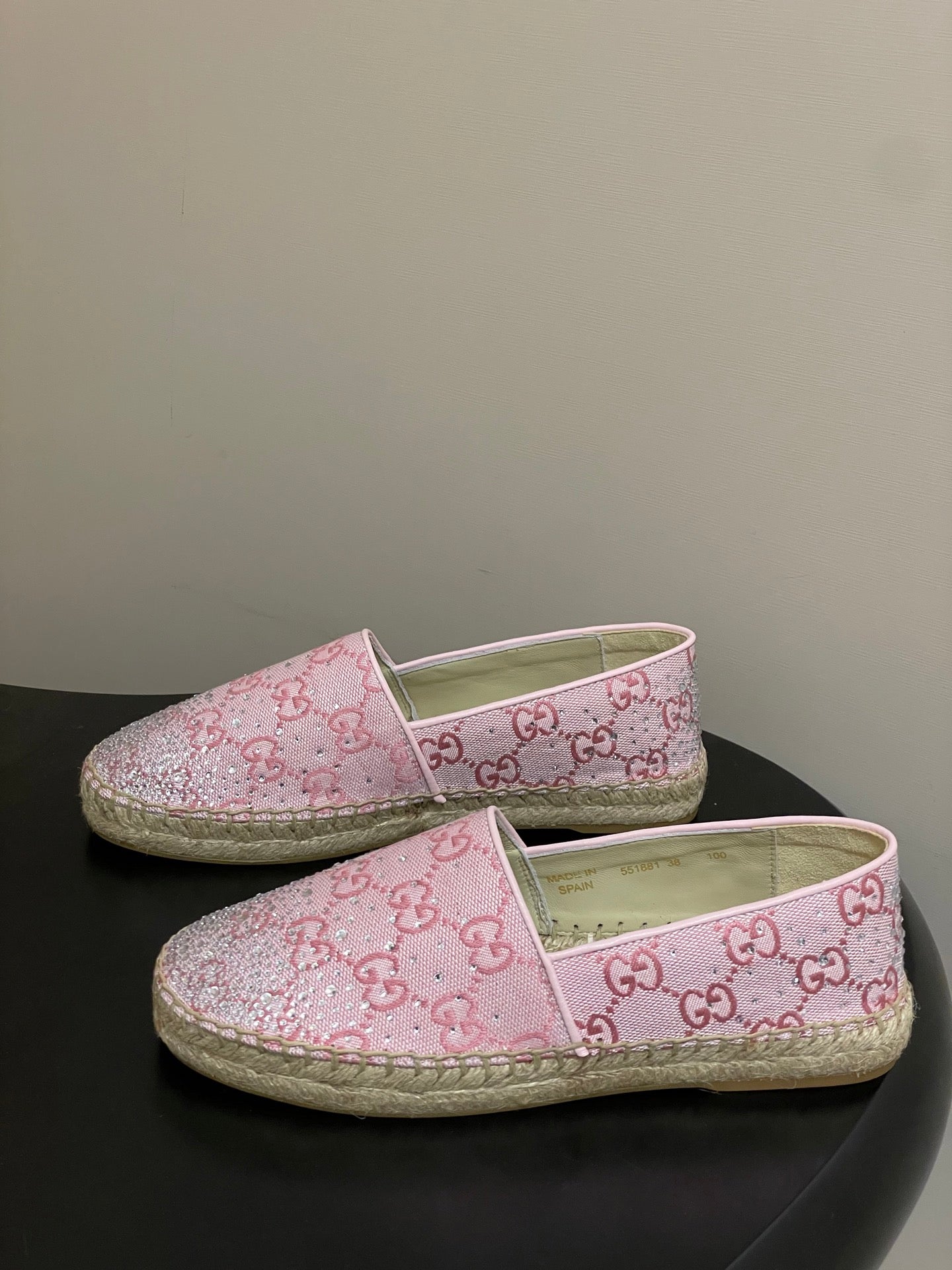 GG 26ss Slip-on Loafers Rhinestones Light Pink Double G Canvas 593498