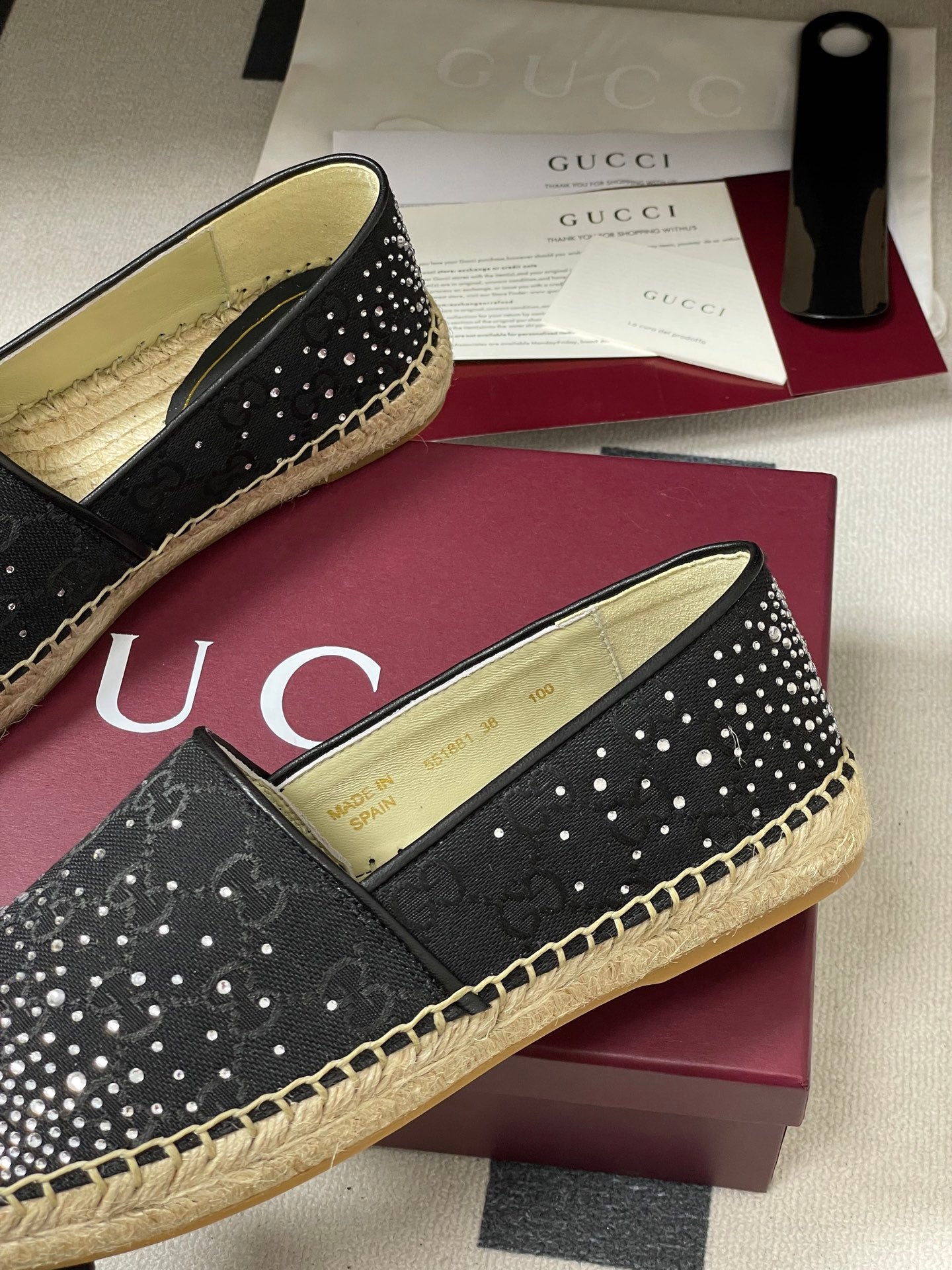 GG 26ss Slip-on Loafers Rhinestones Black Double G Canvas 593499