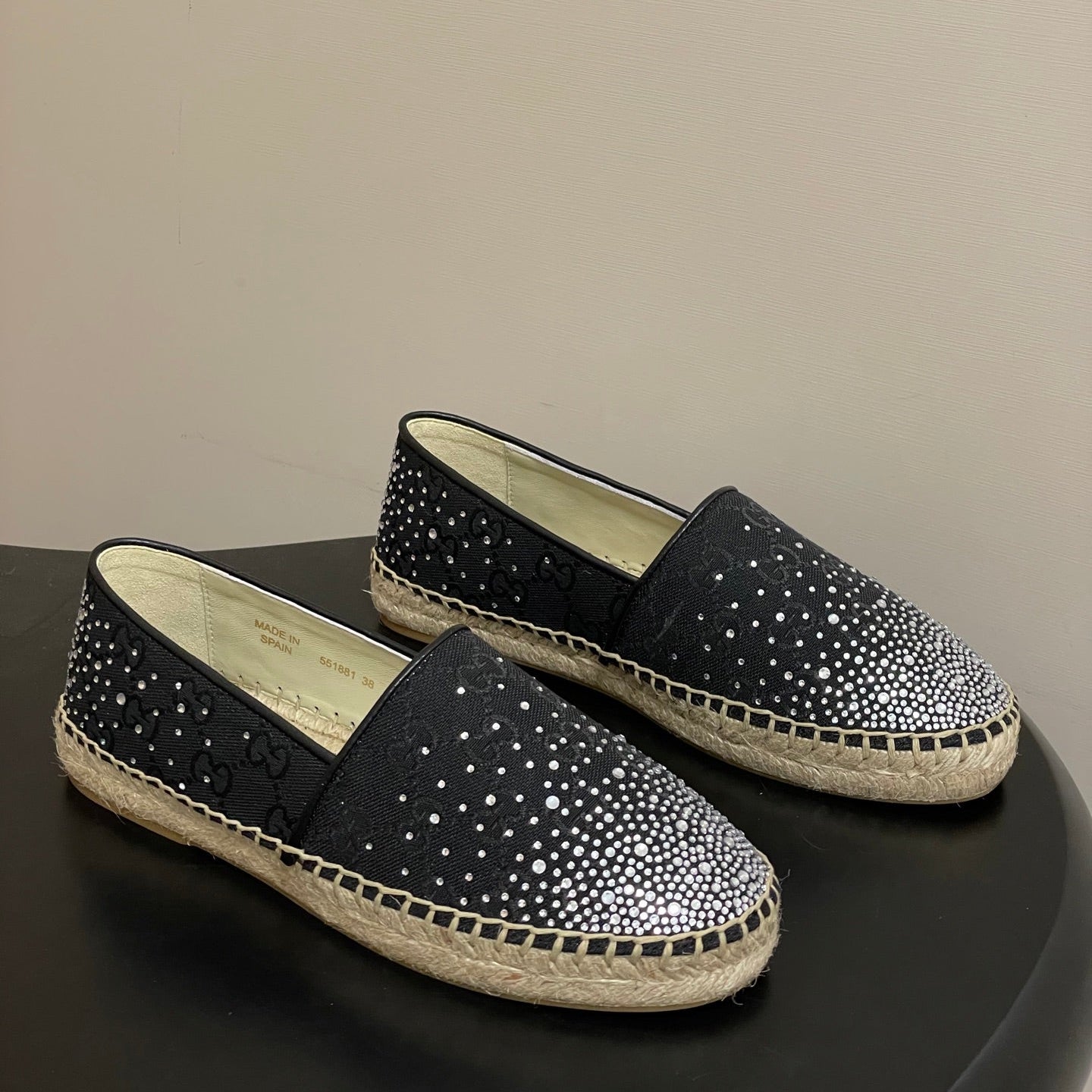 GG 26ss Slip-on Loafers Rhinestones Black Double G Canvas 593499