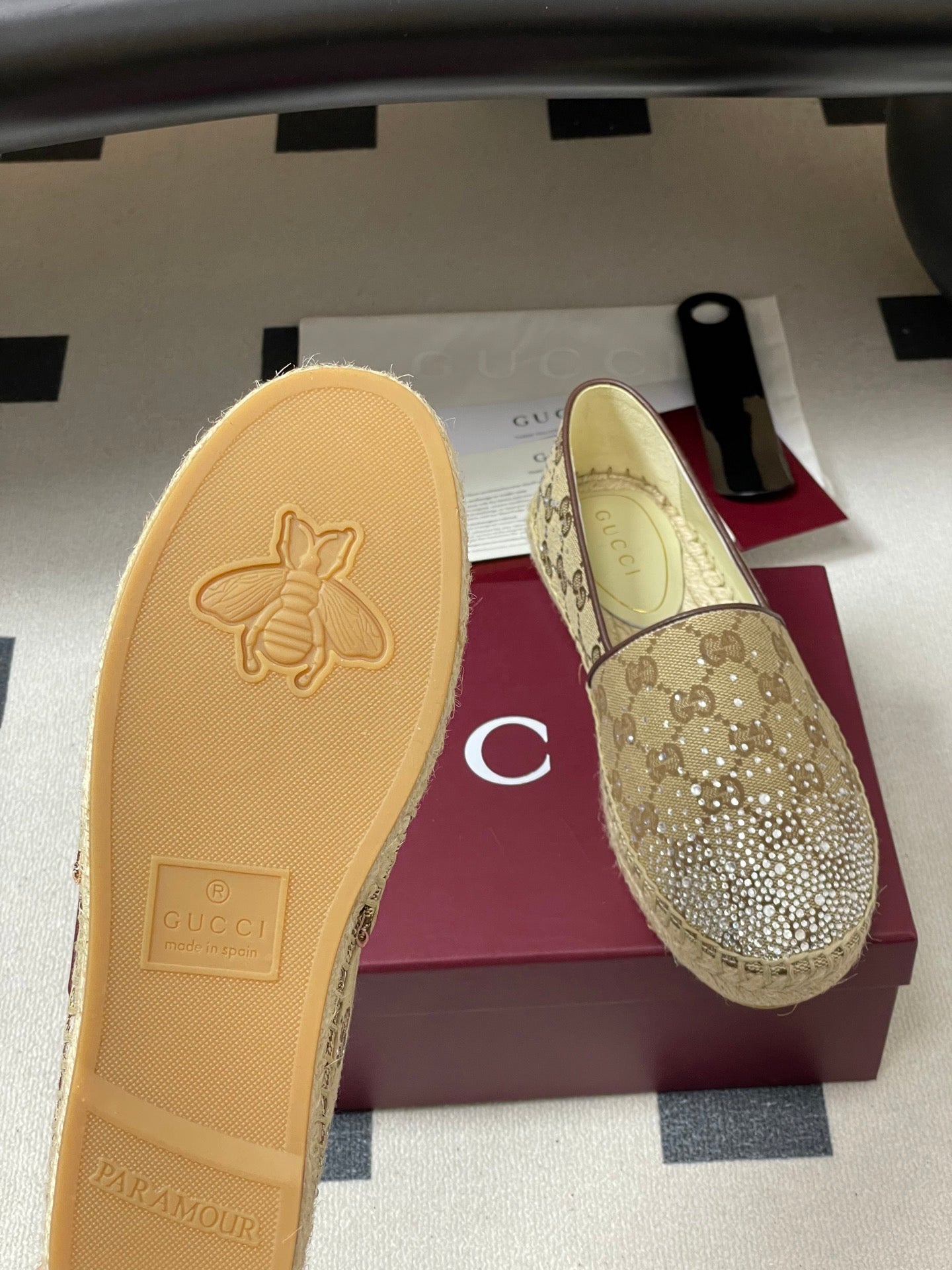 GG 26ss Slip-on Loafers Rhinestones Beige Brown Double G Canvas 593500