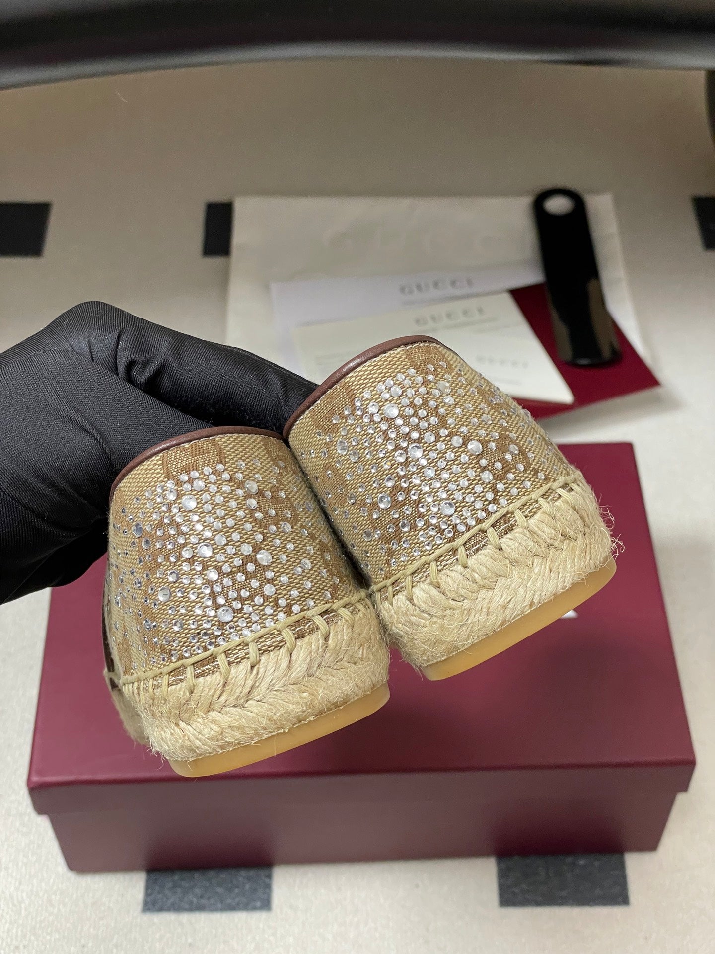 GG 26ss Slip-on Loafers Rhinestones Beige Brown Double G Canvas 593500