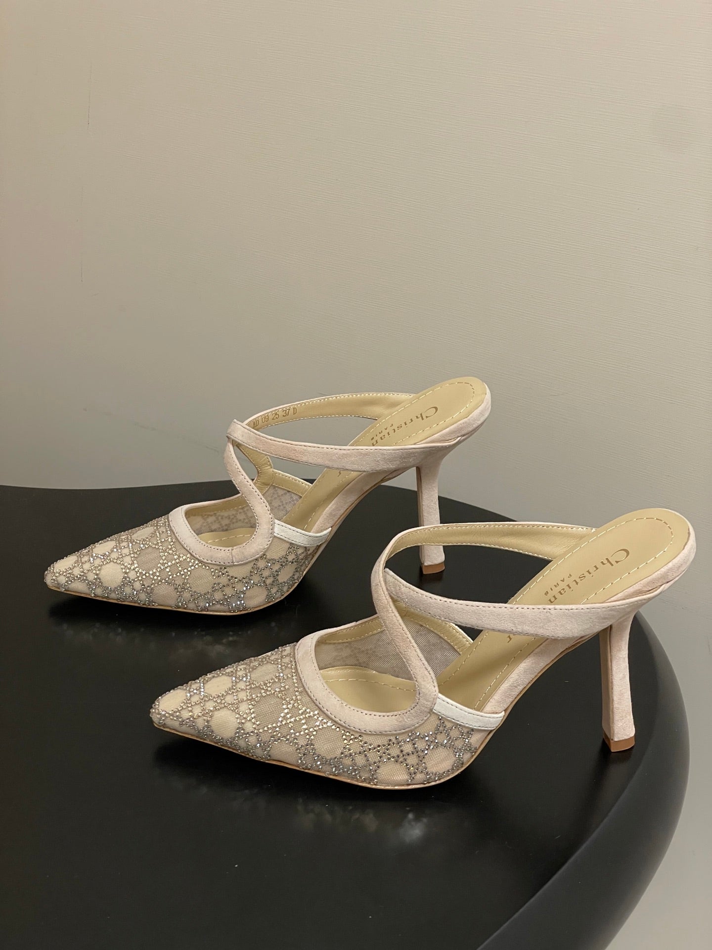 CD 26 High-Heeled Mules Beige Mesh Sheepskin 593587