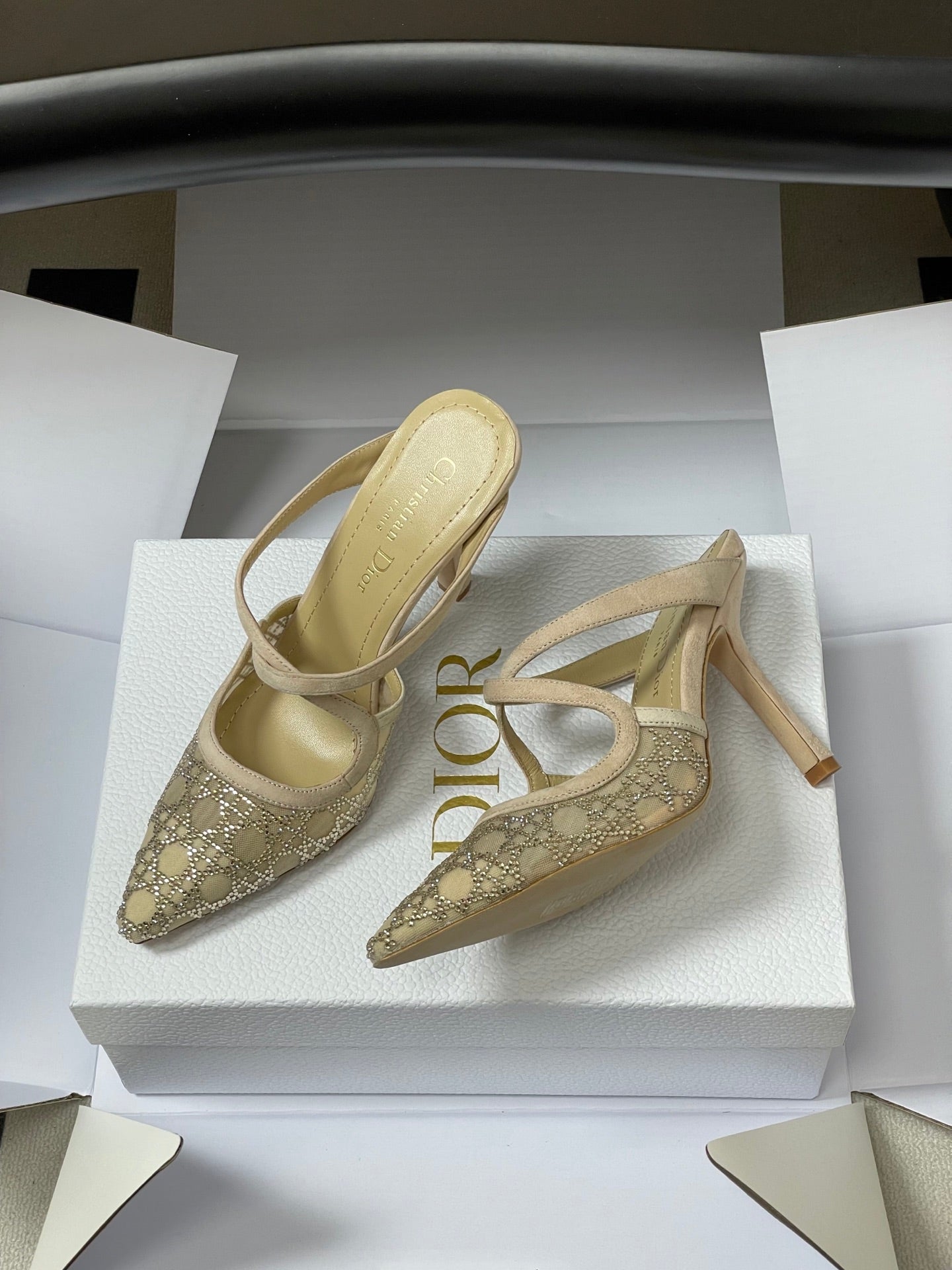 CD 26 High-Heeled Mules Beige Mesh Sheepskin 593587