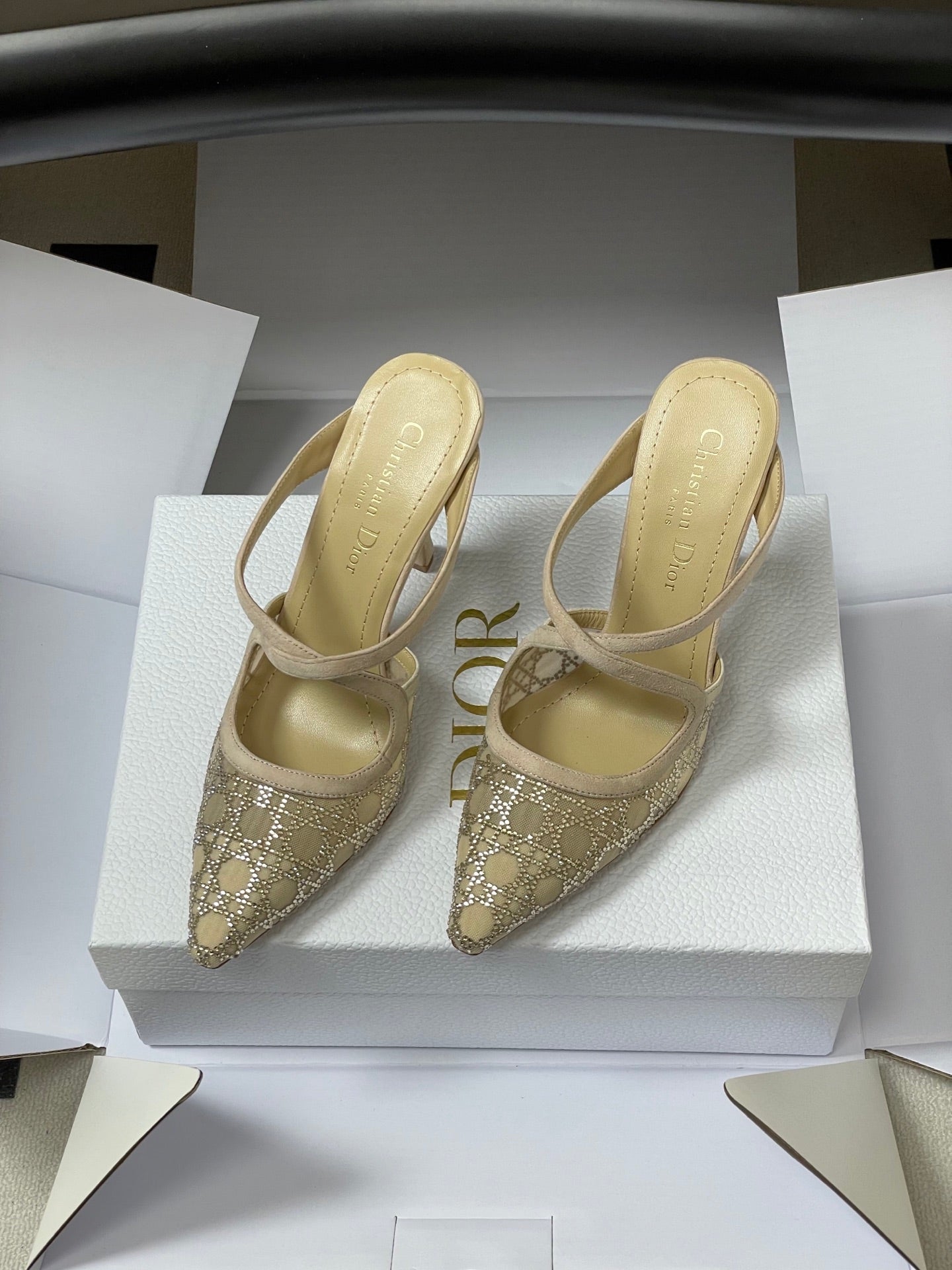 CD 26 High-Heeled Mules Beige Mesh Sheepskin 593587