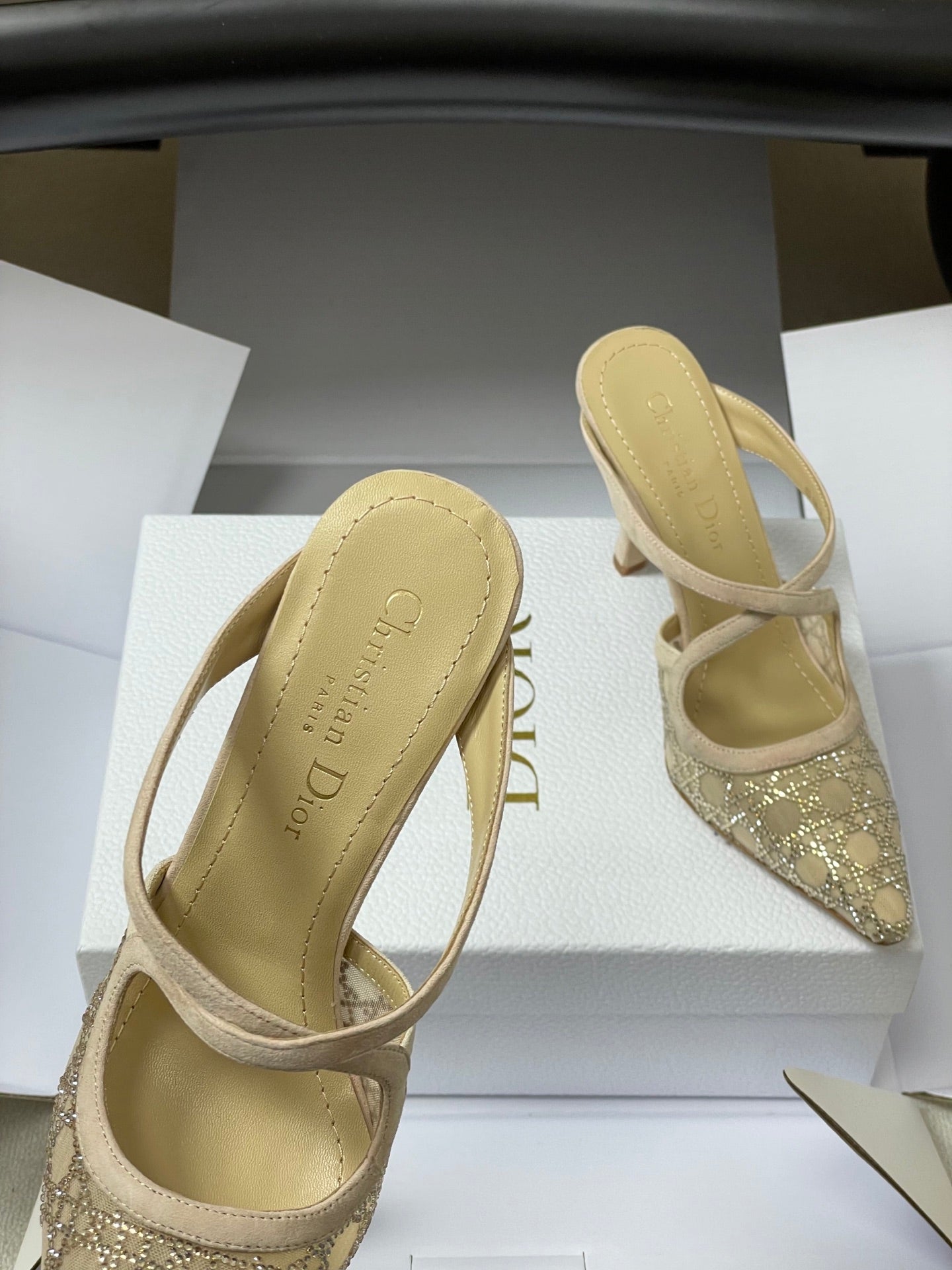 CD 26 High-Heeled Mules Beige Mesh Sheepskin 593587