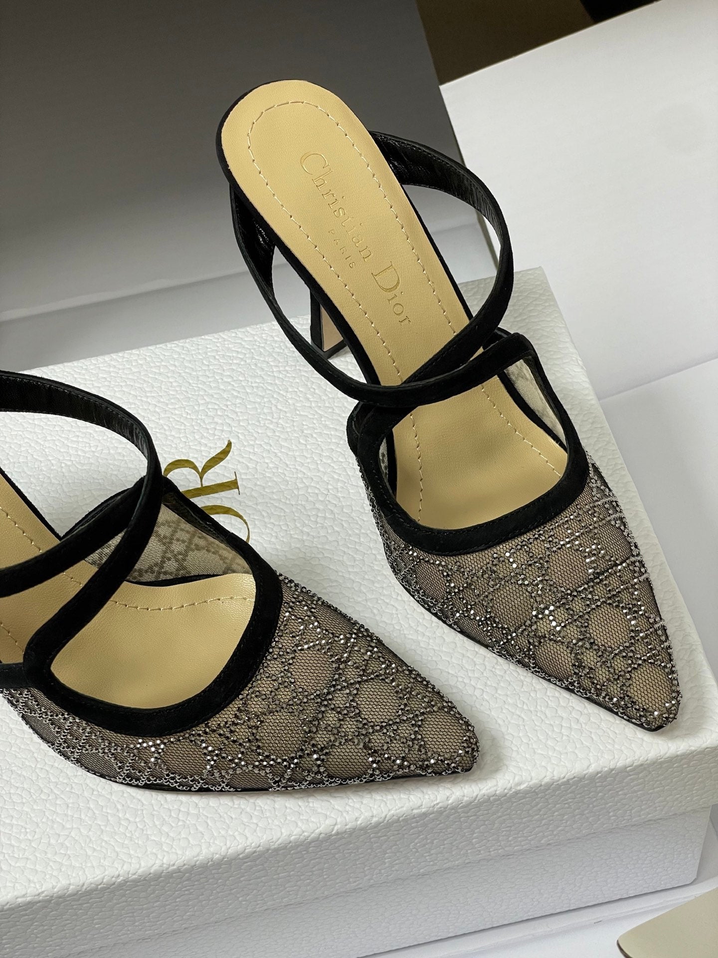 CD 26 High-Heeled Mules Black Beige Mesh Sheepskin 593588