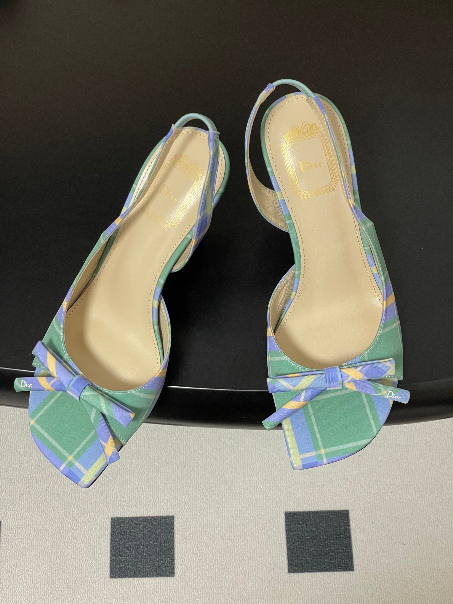 CD 26 Slingback 85 Green Blue Leather Silk Fabric 593601
