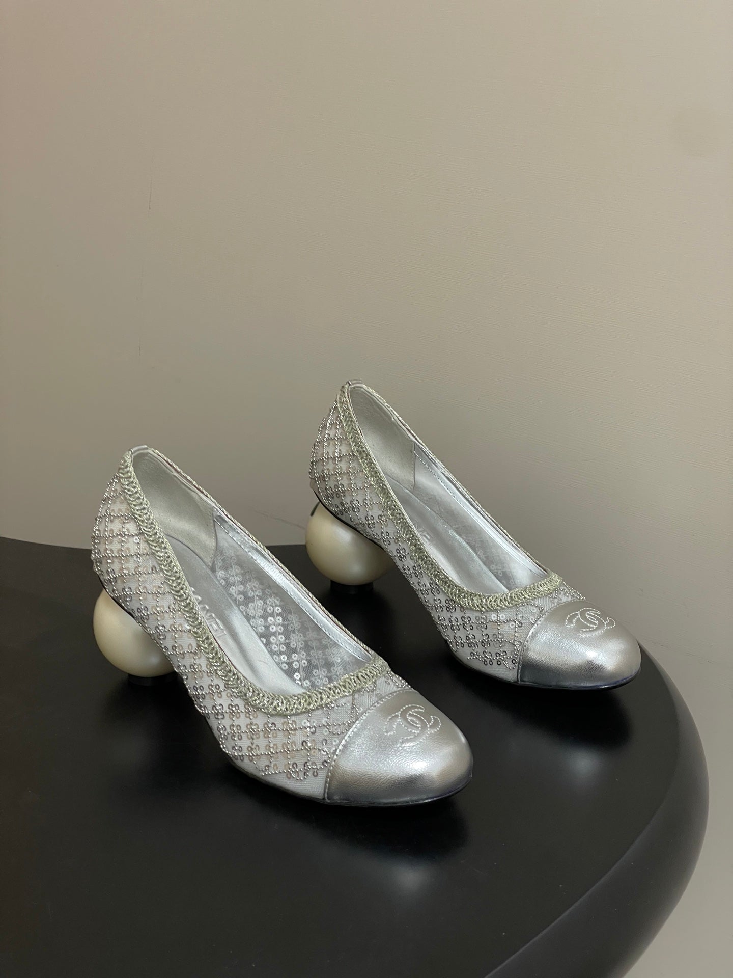 CC 26 Beaded Sequin Pump With Double C Pearl Heel Silver Mesh Leather 593160