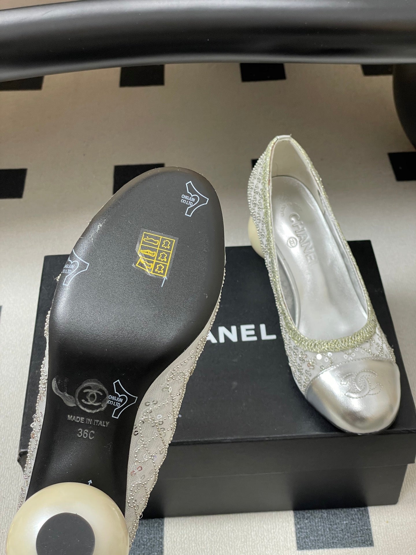 CC 26 Beaded Sequin Pump With Double C Pearl Heel Silver Mesh Leather 593160