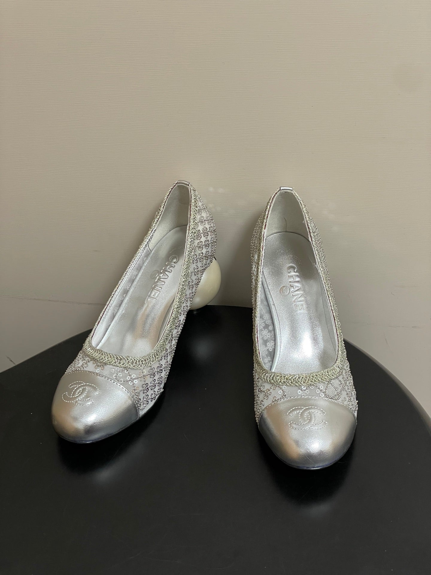 CC 26 Beaded Sequin Pump With Double C Pearl Heel Silver Mesh Leather 593160