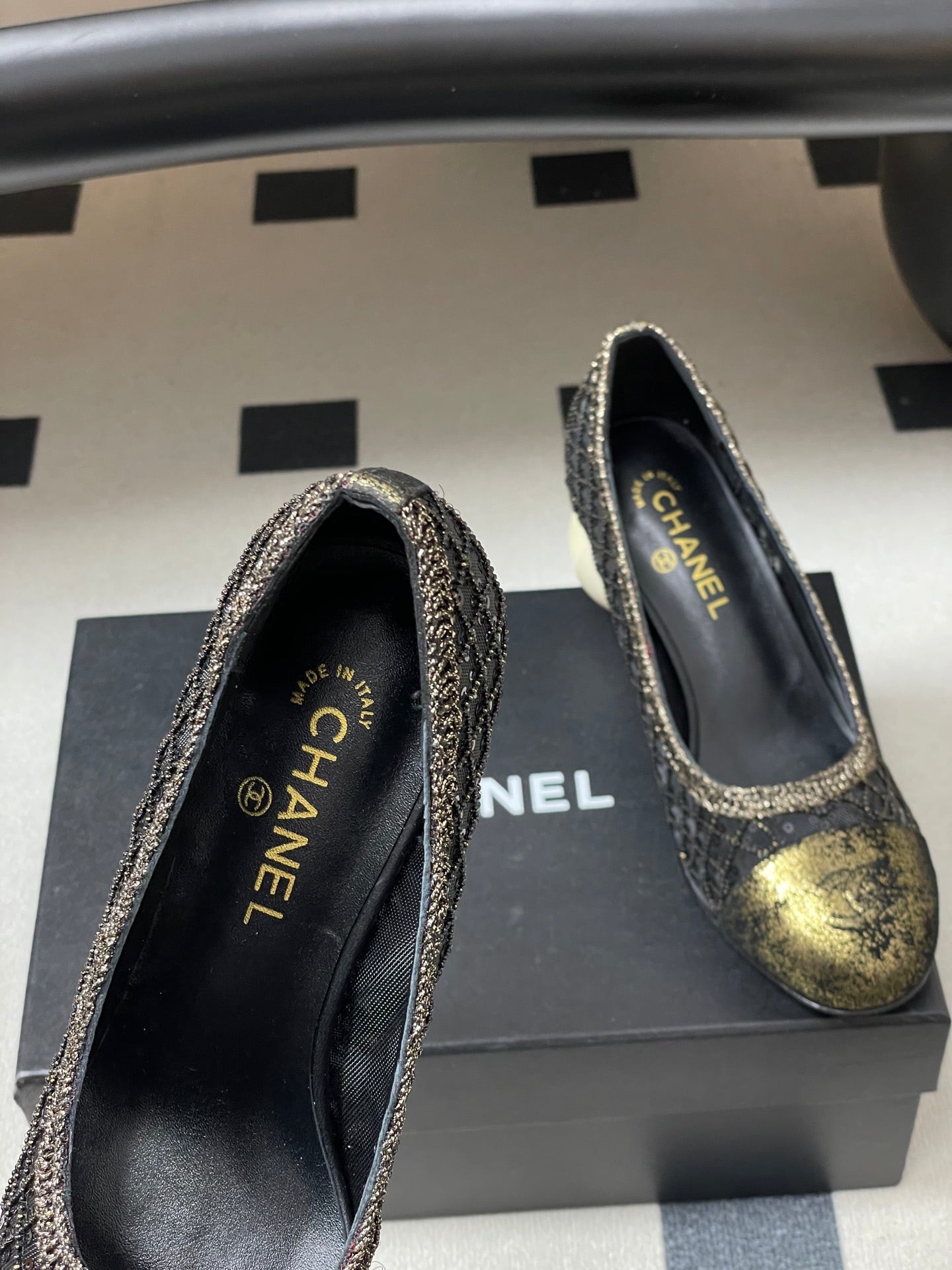 CC 26 Beaded Sequin Pump With Double C Pearl Heel Black Mesh Leather