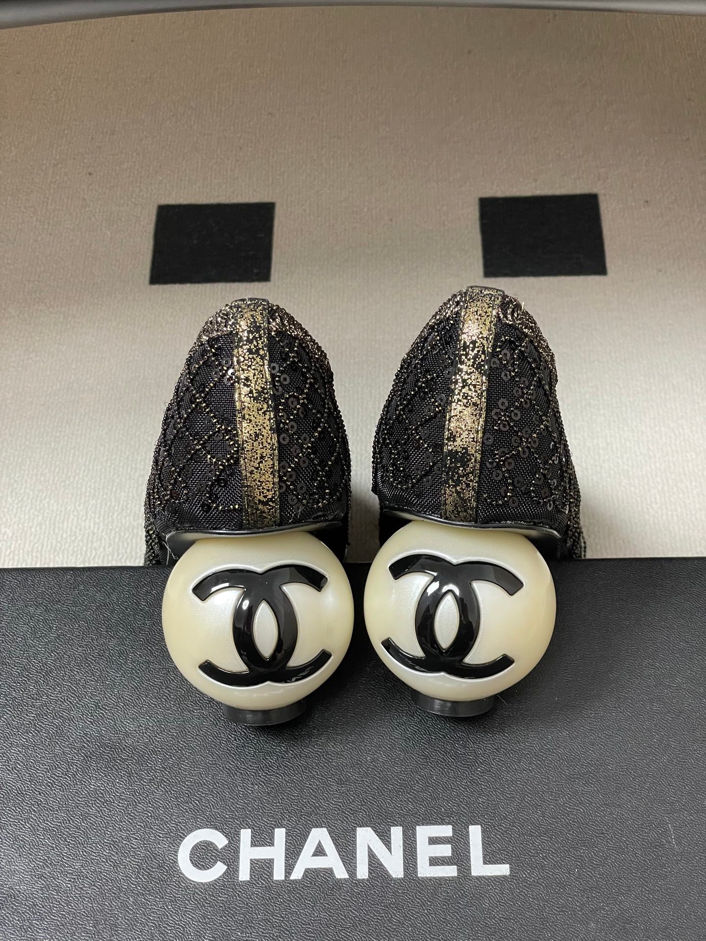 CC 26 Beaded Sequin Pump With Double C Pearl Heel Black Mesh Leather