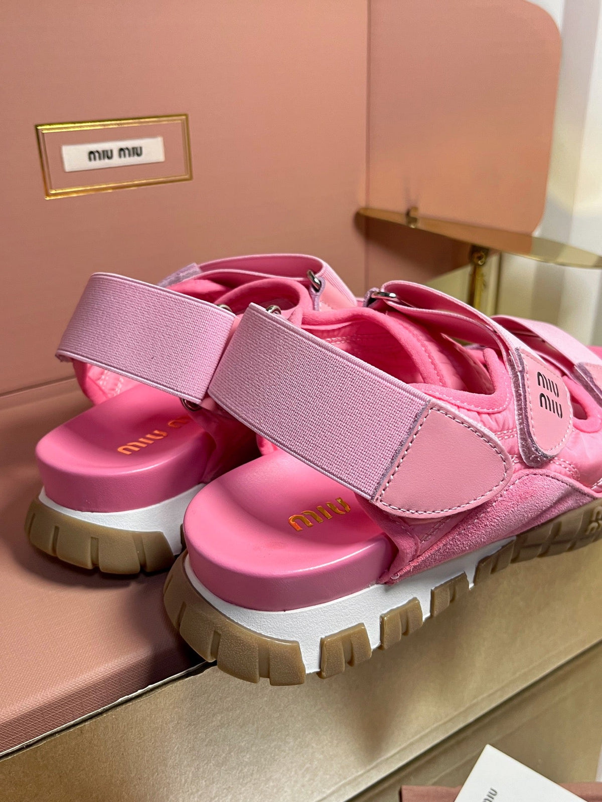 Miumiu 2026 Velcro Sports Sandals Pink Leather 922974