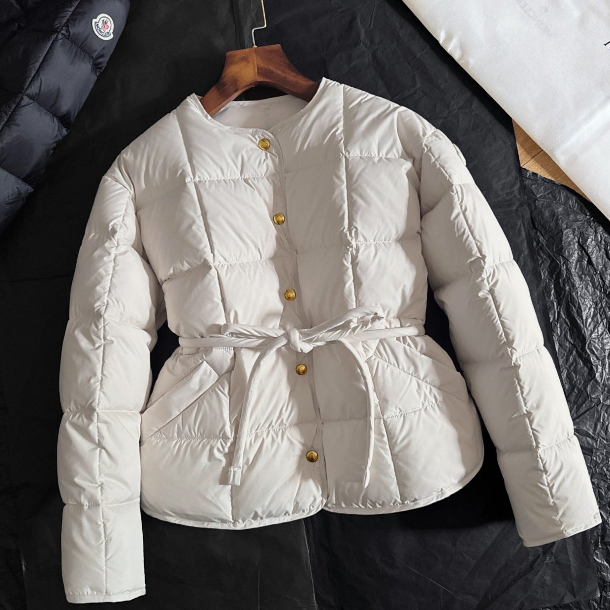 Moncler 2025 Caramagne Belted Short Jacket Cream Down Polyester
