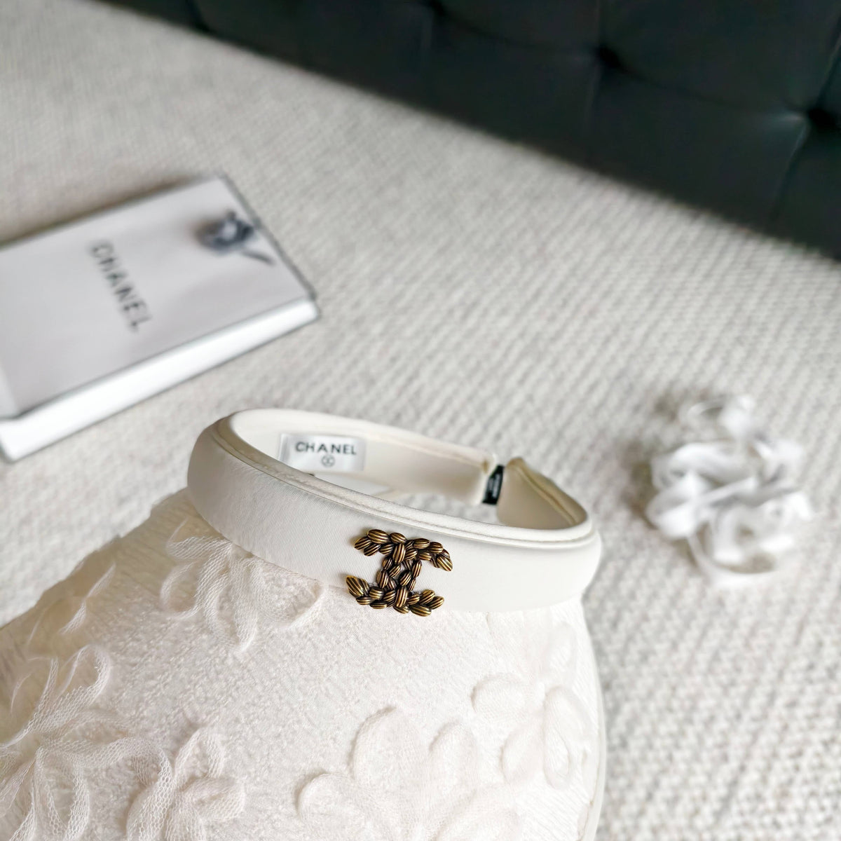 Chanel Embroidered Floral Pattern White Visor 250056