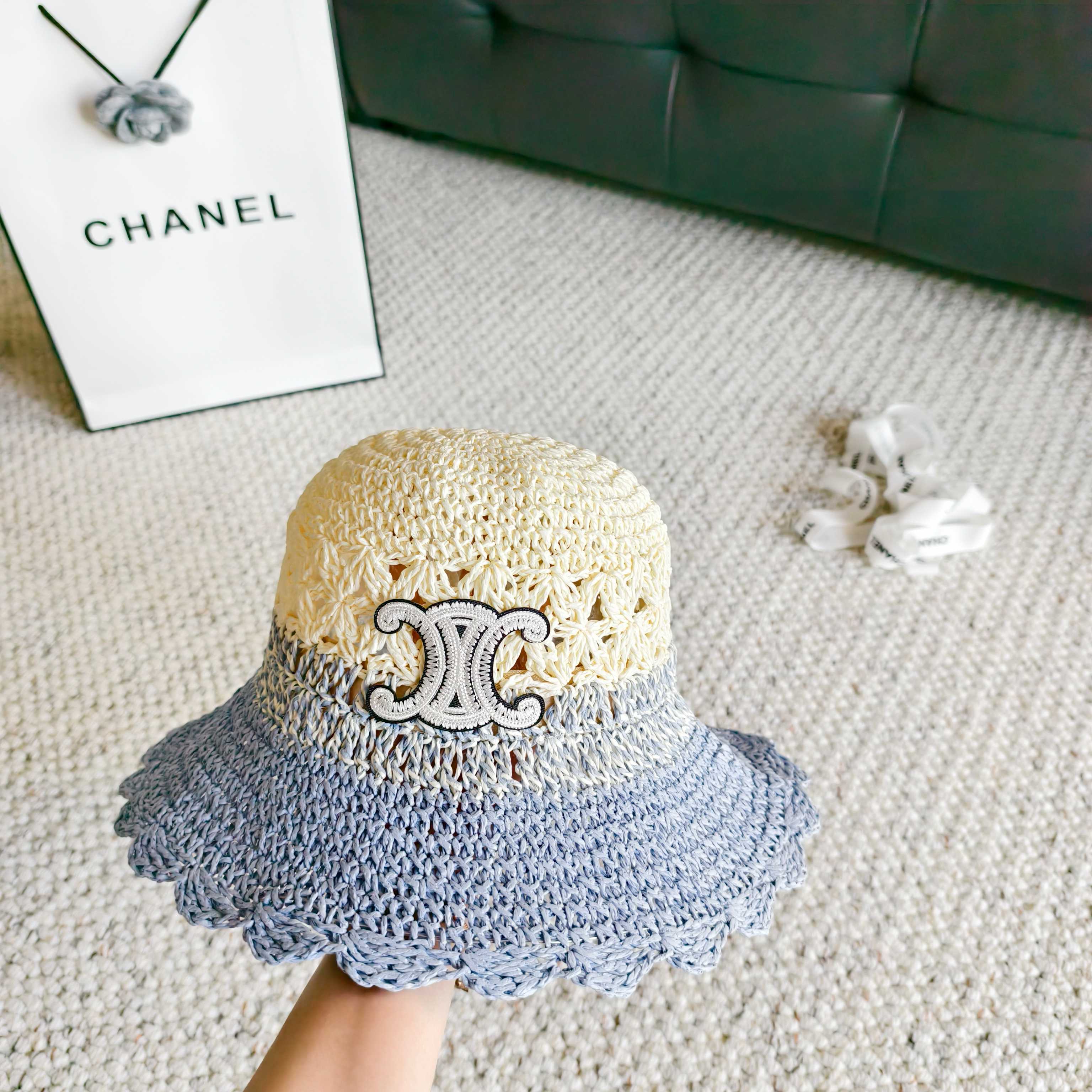 Celine Hollow-out Woven Arc de Triomphe Straw Bucket Hat 322140