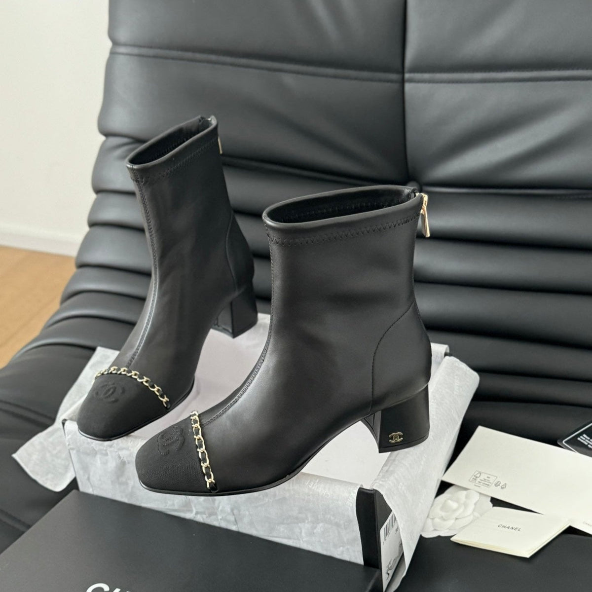 CC Ankle Boot Black Calfskin Grosgrain Leather Strap