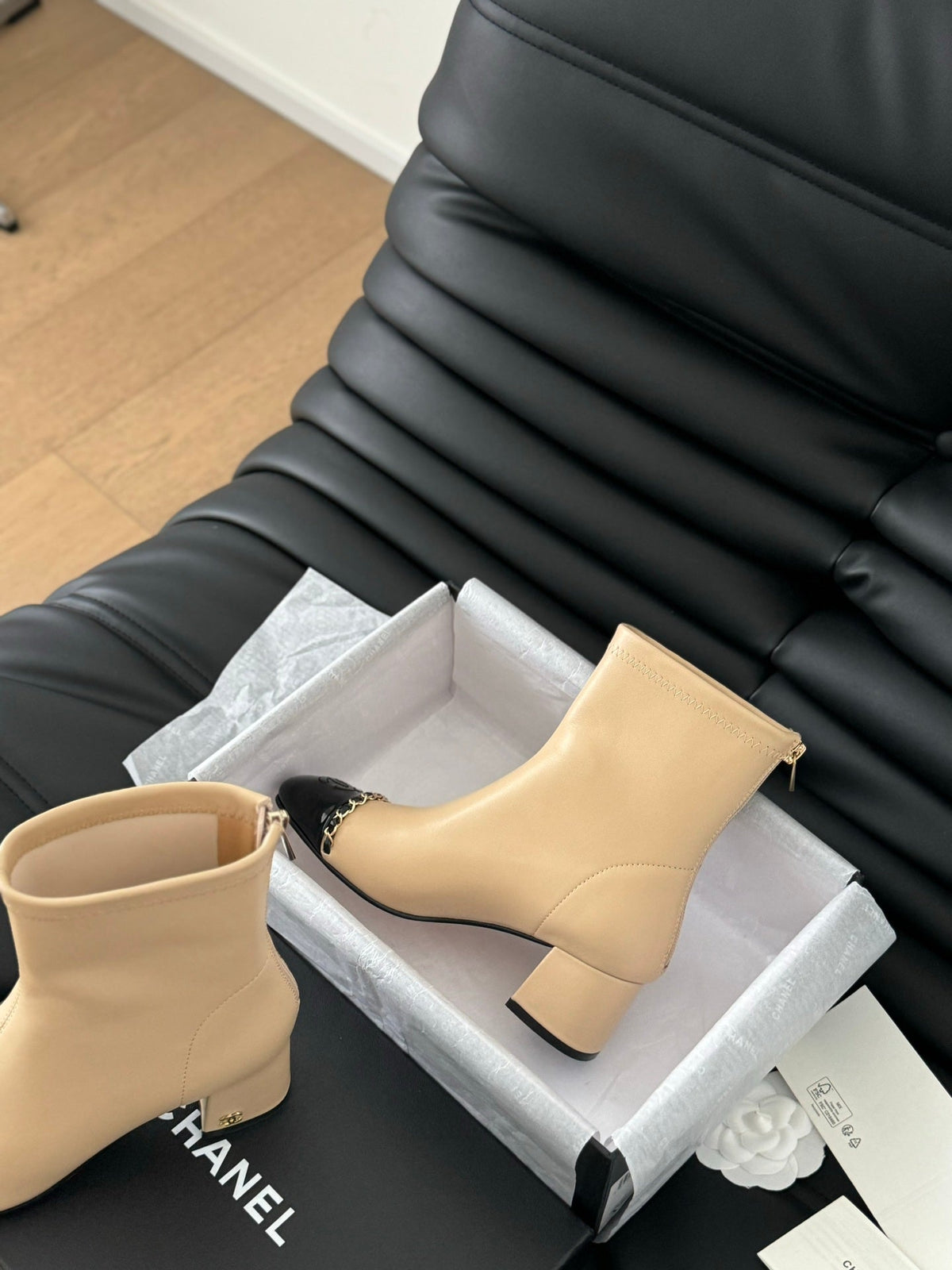 CC Ankle Boot Beige Calfskin Black Patent Calfskin