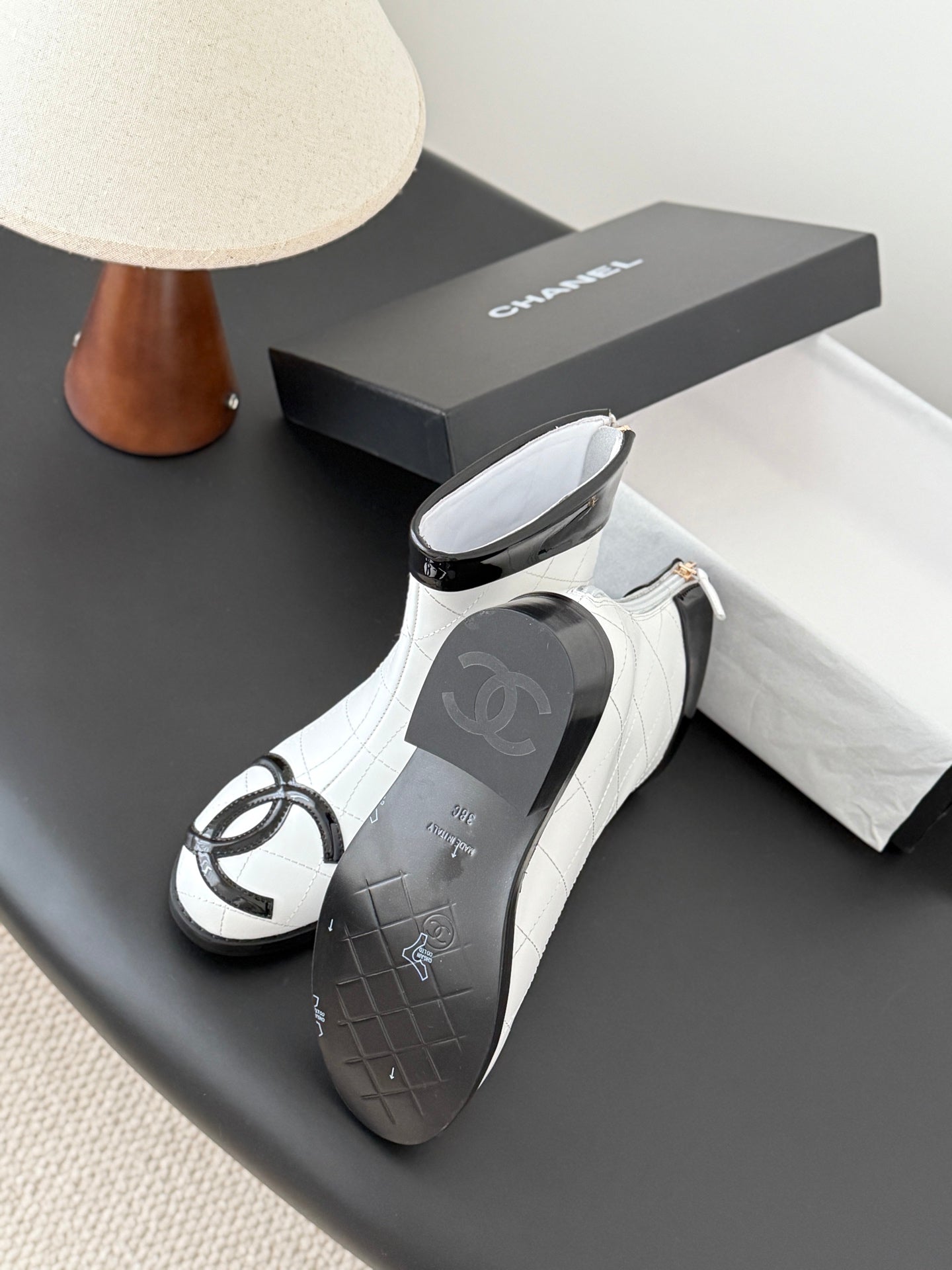 CC 2025 Vintage Cambon Mid-Calf Short Boots White Black Cowhide 550633