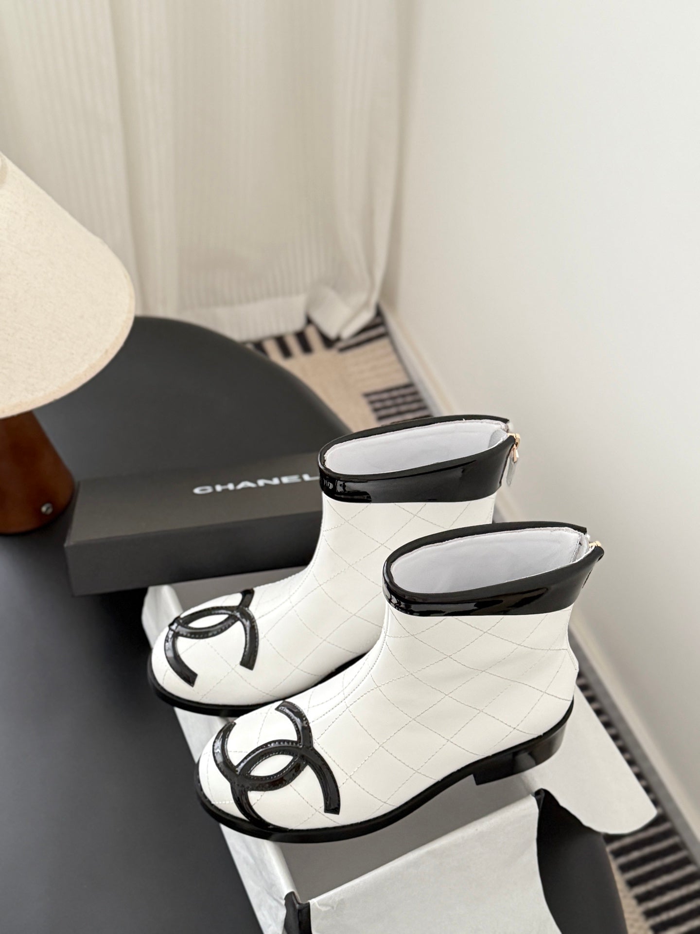 CC 2025 Vintage Cambon Mid-Calf Short Boots White Black Cowhide 550633