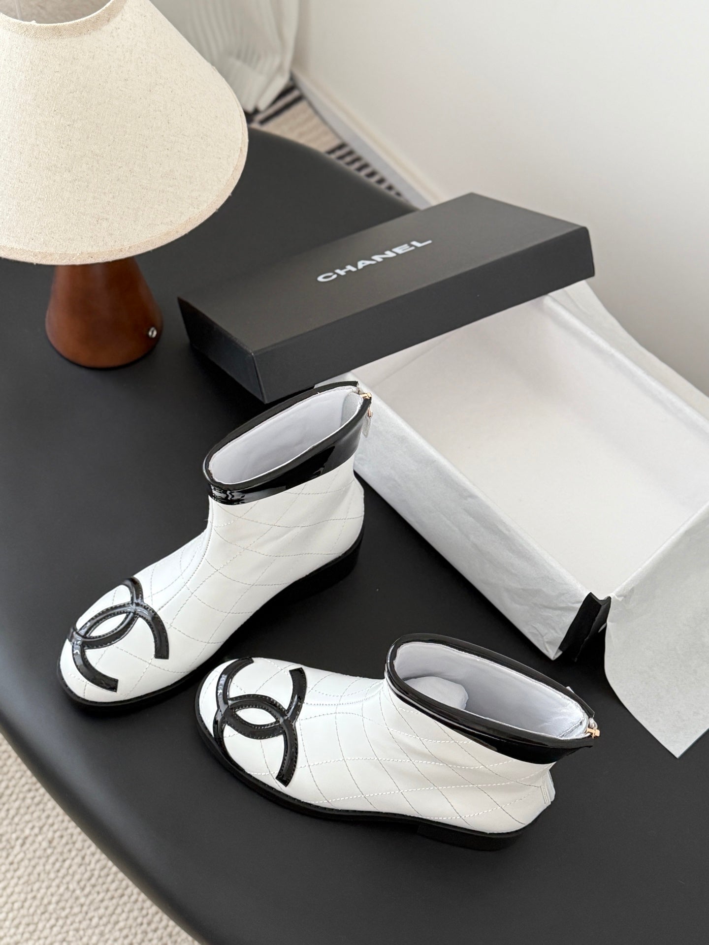 CC 2025 Vintage Cambon Mid-Calf Short Boots White Black Cowhide 550633