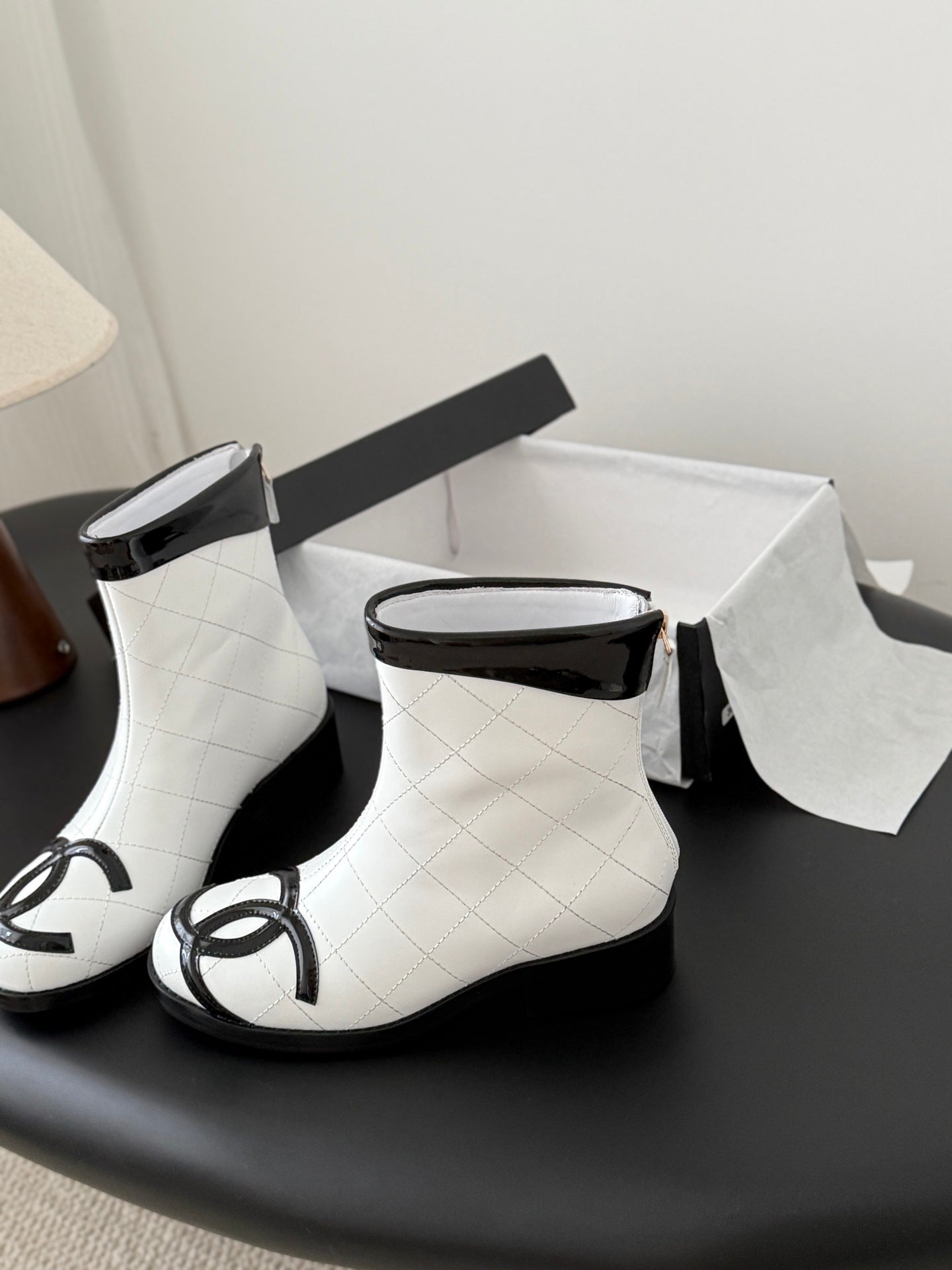 CC 2025 Vintage Cambon Mid-Calf Short Boots White Black Cowhide 550633