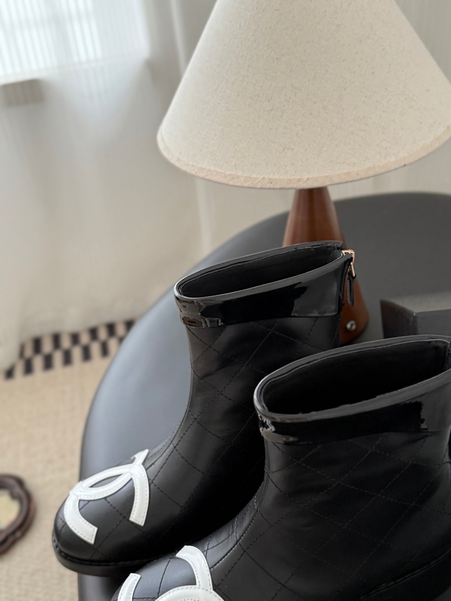 CC 2025 Vintage Cambon Mid-Calf Short Boots Black White Cowhide 550634