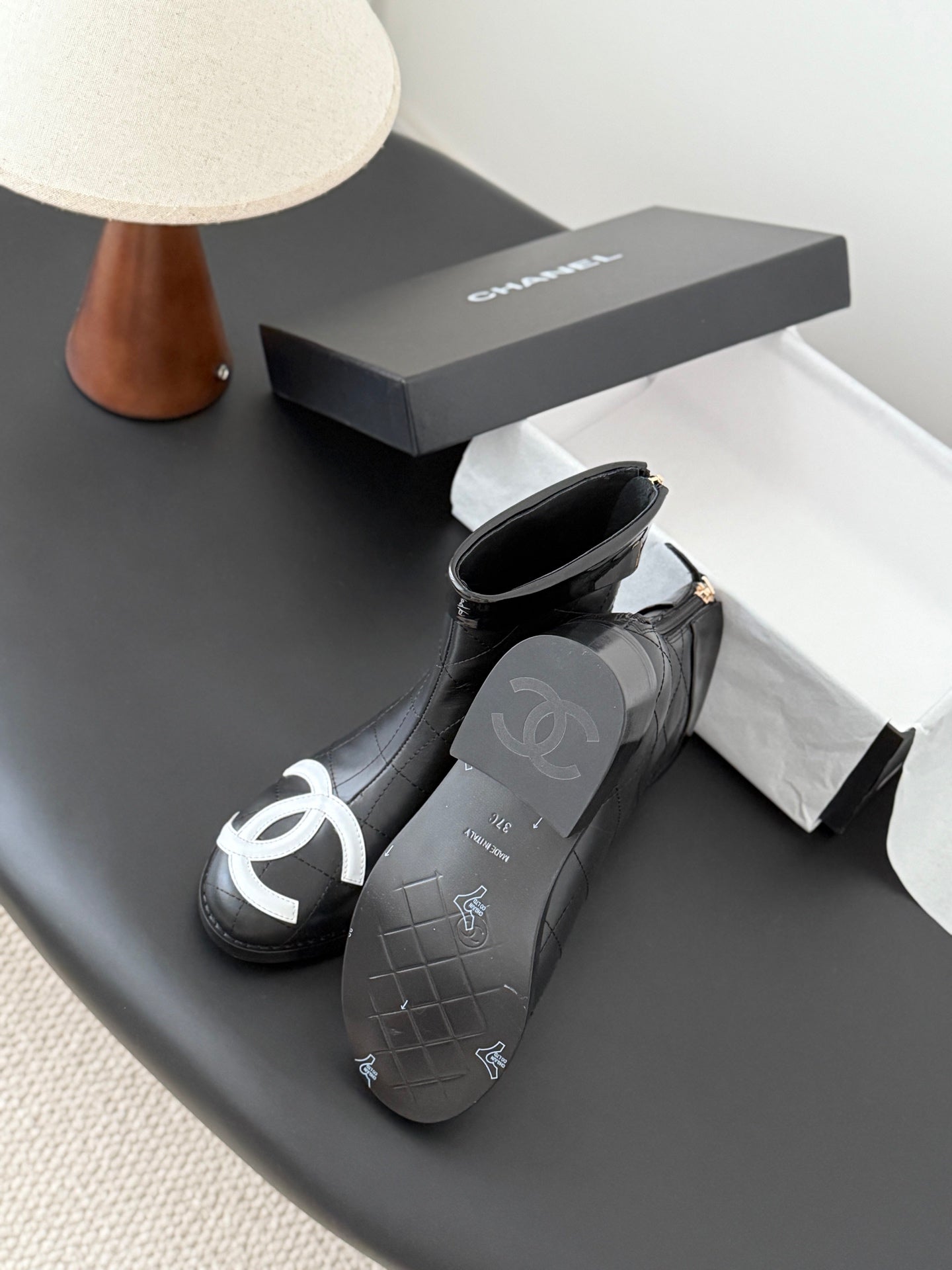 CC 2025 Vintage Cambon Mid-Calf Short Boots Black White Cowhide 550634