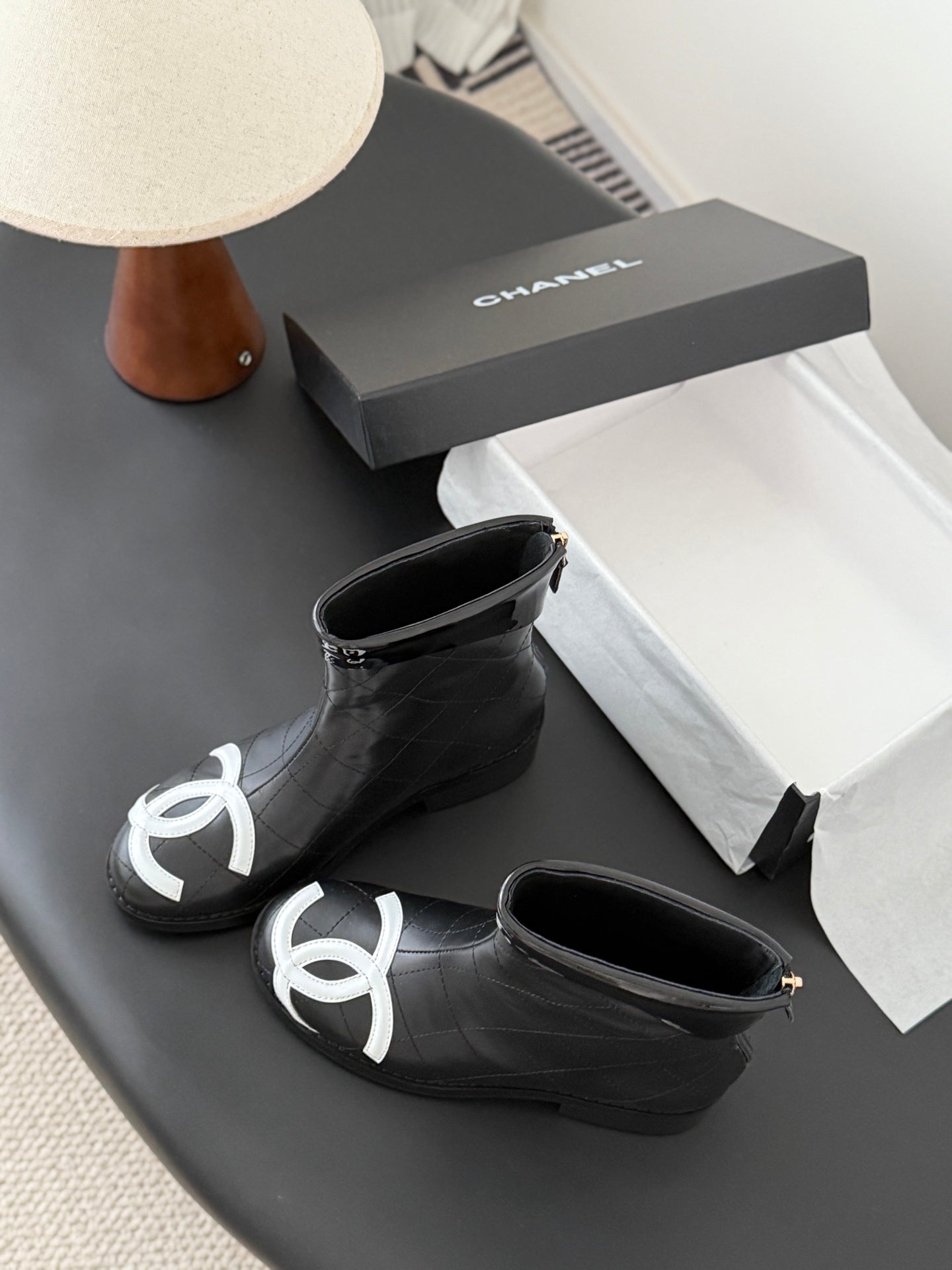 CC 2025 Vintage Cambon Mid-Calf Short Boots Black White Cowhide 550634