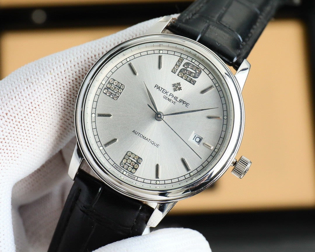 Patek Philippe Calatrava 40mm Gemstone-set Hour Marker Silver Dial Black Leather Strap
