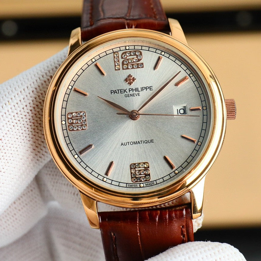 Patek Philippe Calatrava 40mm Gemstone-set Hour Marker Silver Dial Brown Leather Strap