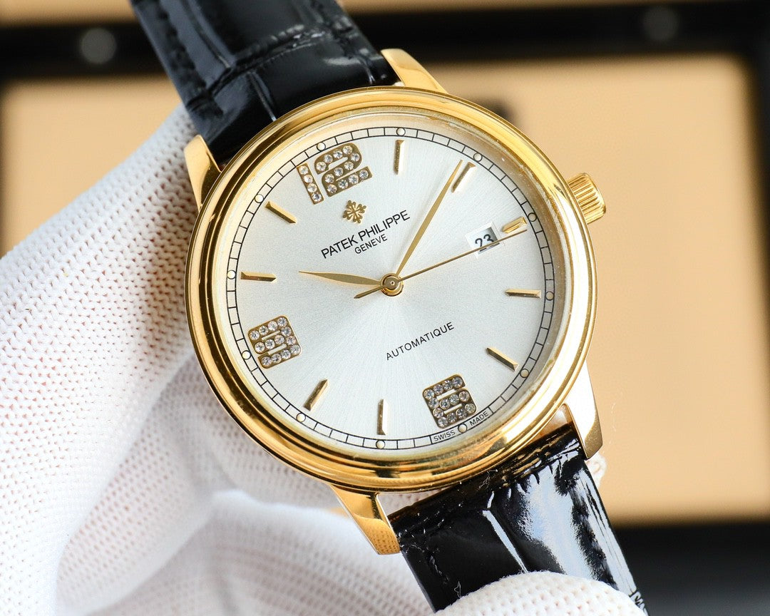 Patek Philippe Calatrava 40mm Gemstone-set Hour Marker Gold Case Black Leather Strap