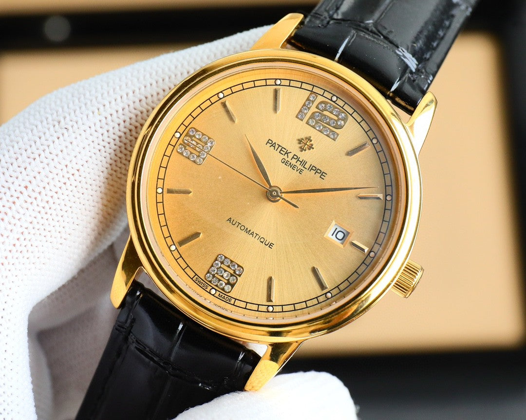 Patek Philippe Calatrava 40mm Gemstone-set Hour Marker Gold Dial Black Leather Strap