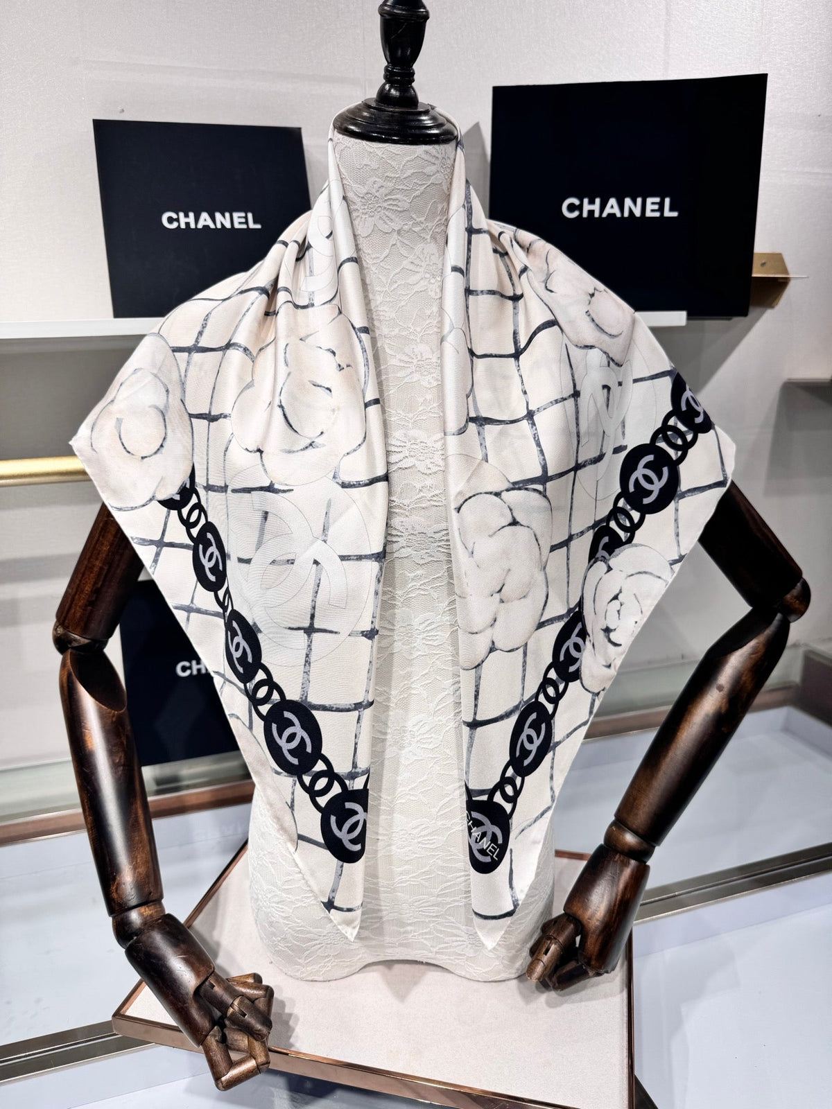 Chanel 2026 Flower Pattern Scarf 90cm Black White Twill Silk 209018