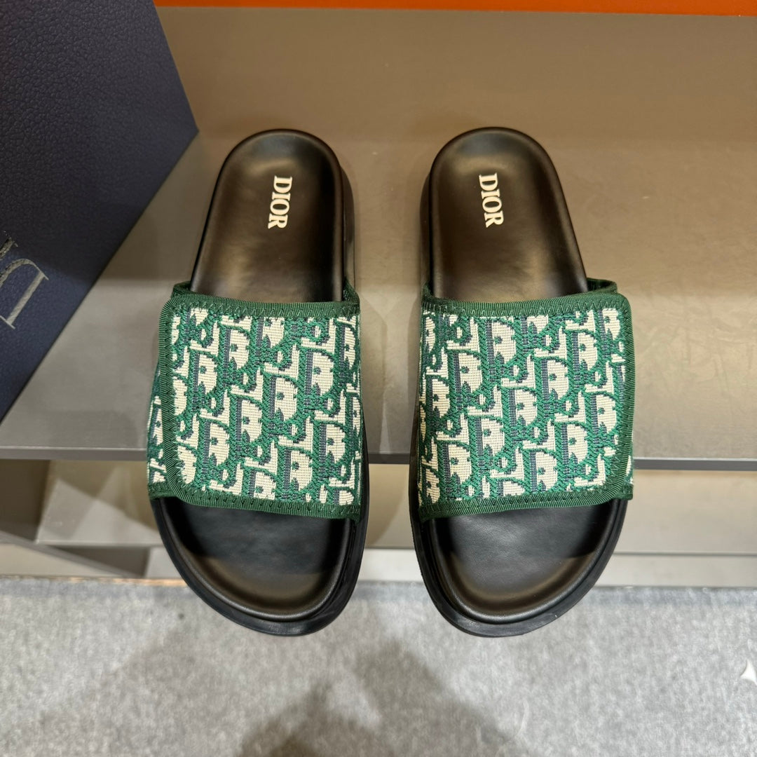 CD VELCRO STRAP SLIPPER DARK GREEN JACQUARD