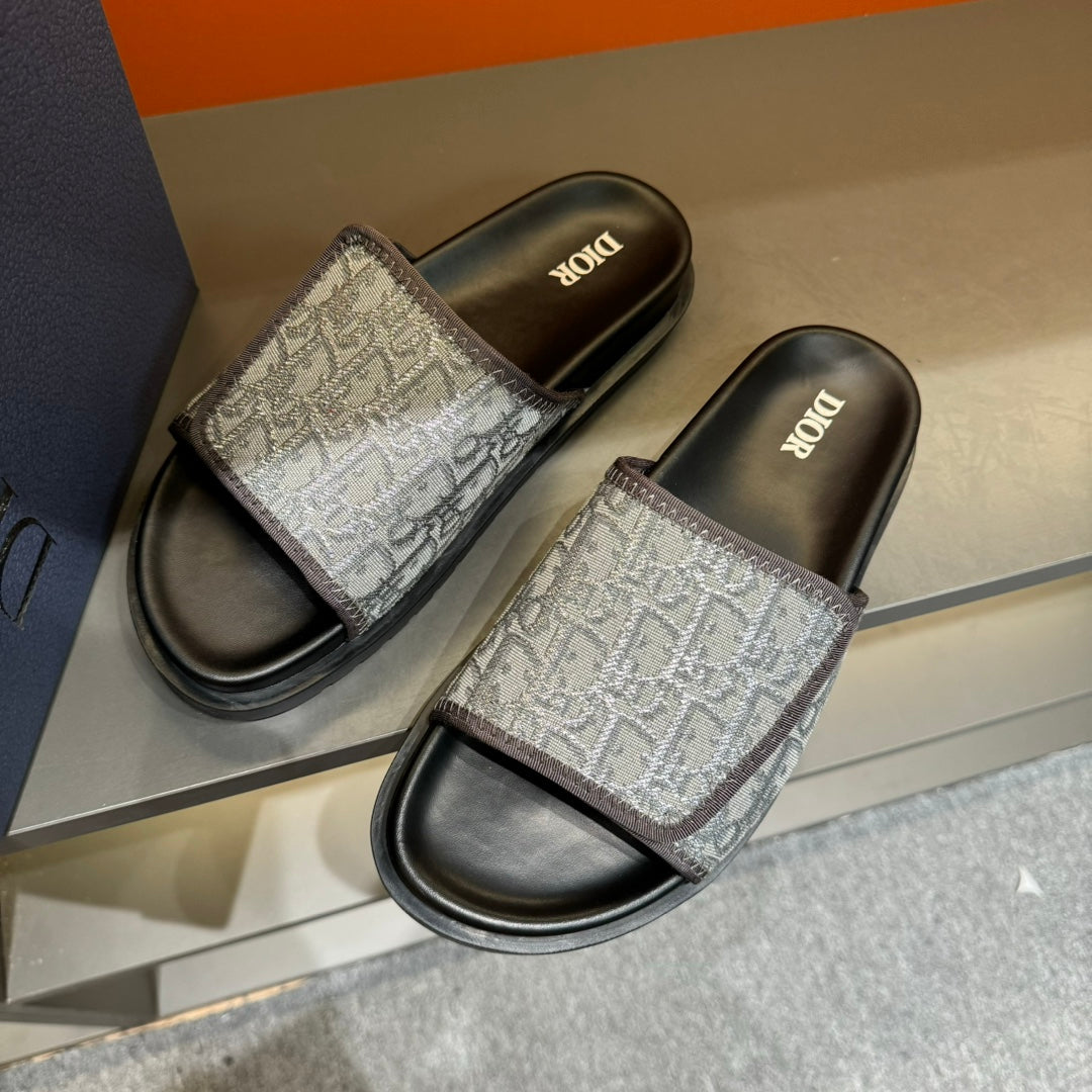 CD VELCRO STRAP SLIPPER GREY BLUE JACQUARD