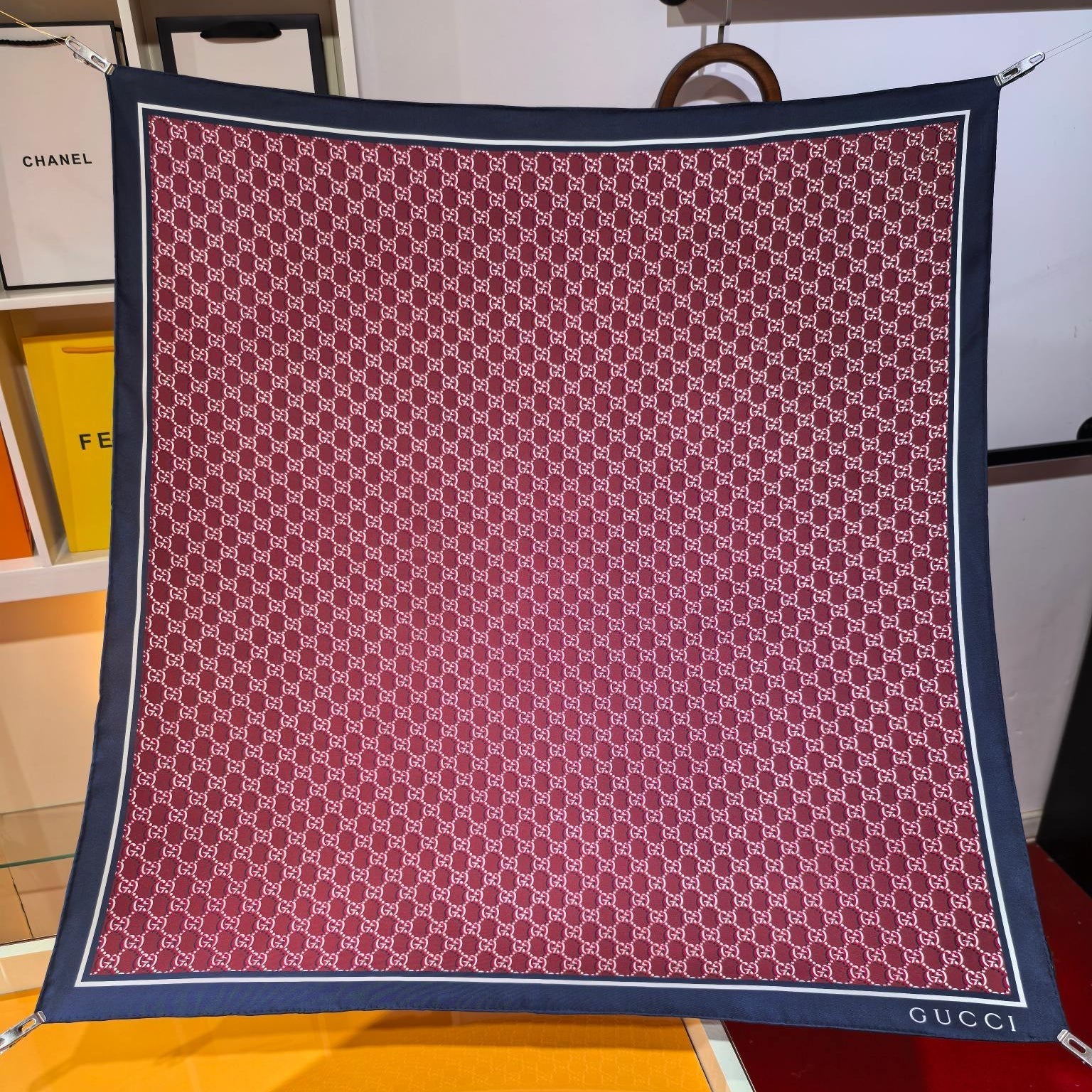 GG Scarf 90CM Burgundy Blue Twill Silk 293045