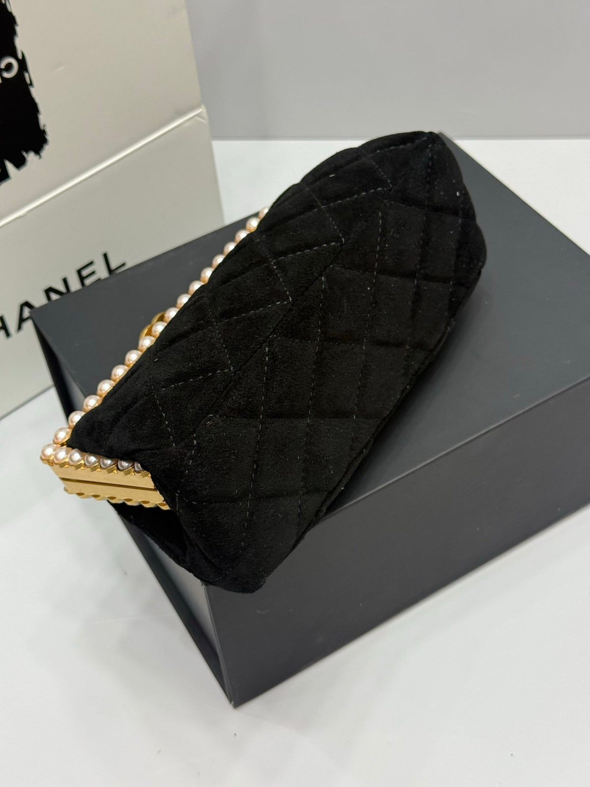 Chanel 2026 Pearl Clutch Black Gold Velvet Leather